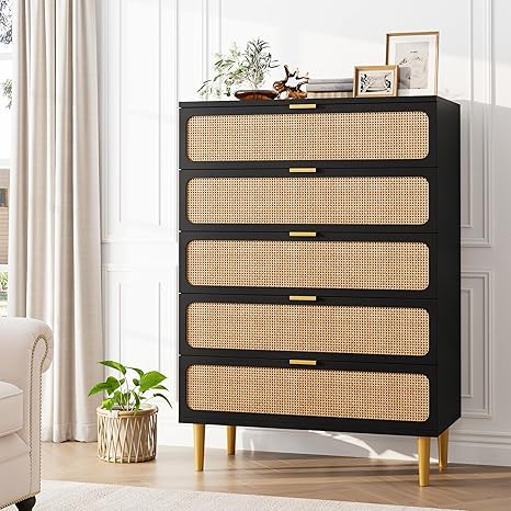 GarveeHome Rattan 5 Drawer Dressers for Bedroom, Tall Dresser with Deep Drawers, Large Chest of Drawers for Closet with Wide Top, Long Wooden Dresser for Living Room, Hallway, Kids Room, Black