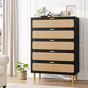 GarveeHome Rattan 5 Drawer Dressers for Bedroom, Tall Dresser with Deep Drawers, Large Chest of Drawers for Closet with Wide Top, Long Wooden Dresser for Living Room, Hallway, Kids Room, Black
