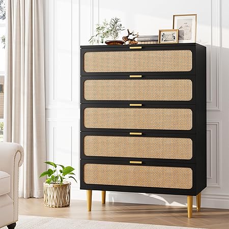 GarveeHome Rattan 5 Drawer Dressers for Bedroom, Tall Dresser with Deep Drawers, Large Chest of Drawers for Closet with Wide Top, Long Wooden Dresser for Living Room, Hallway, Kids Room, Black