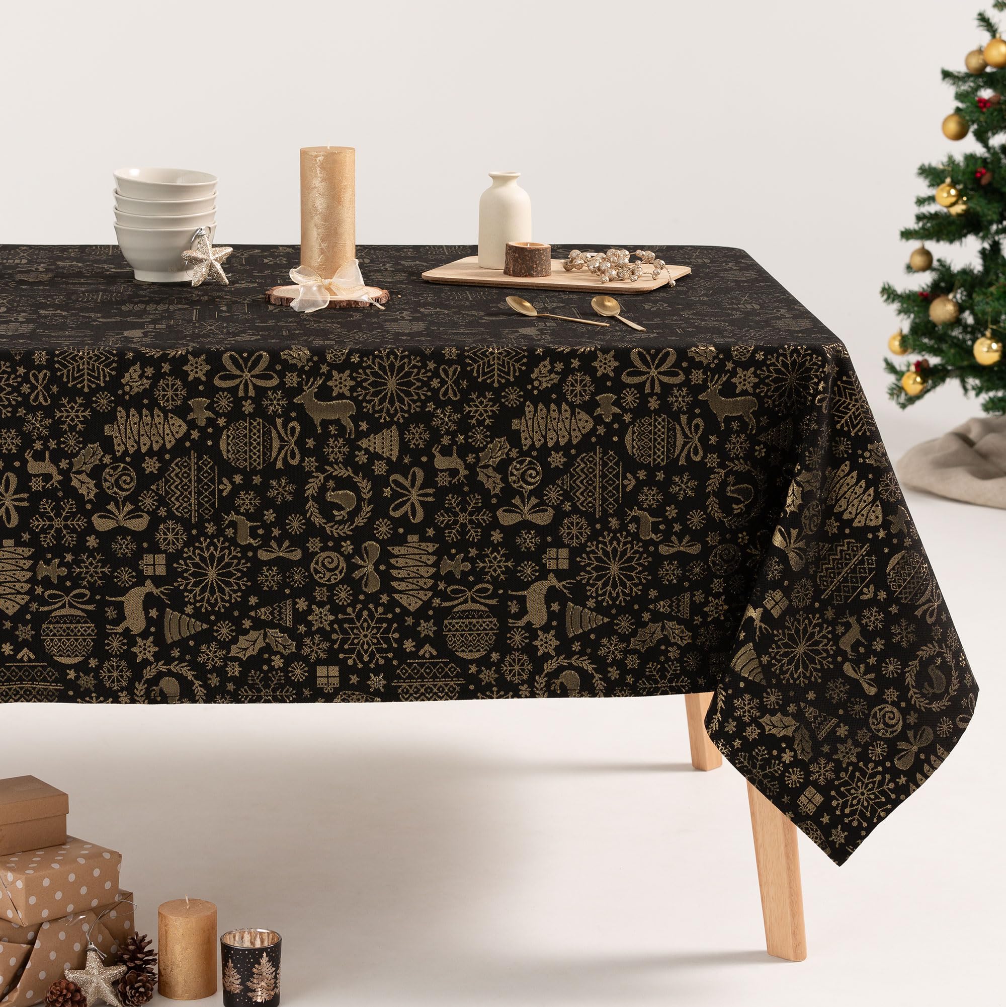 Gamusi Black/White Tablecloth Christmas Floral Jacquard Thread Gold Dining Table Rectangular Christmas Decoration 140 X 350 Cm