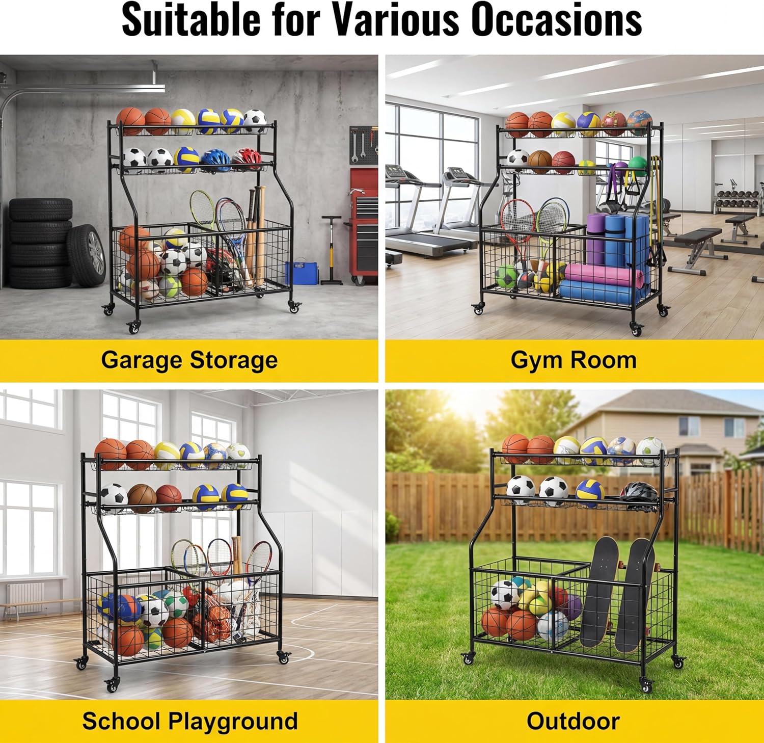 Garvee Ball Storage Cart, Sports Equipment Garage Organizer with Wheels for Sports Gear and Toys, Rolling Indoor/Outdoor Storage Cart