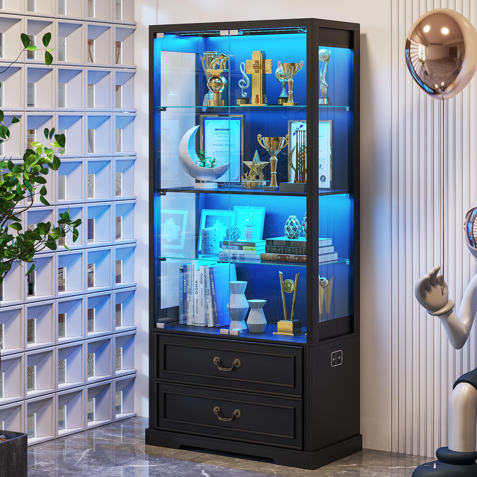 FREDEES Display Cabinet with Glass Doors,67" Adjustable Display Shelf with 2 Drawers and 4 Tier Curio Cabinet,Tall Bookcase with 3 Color Lights and