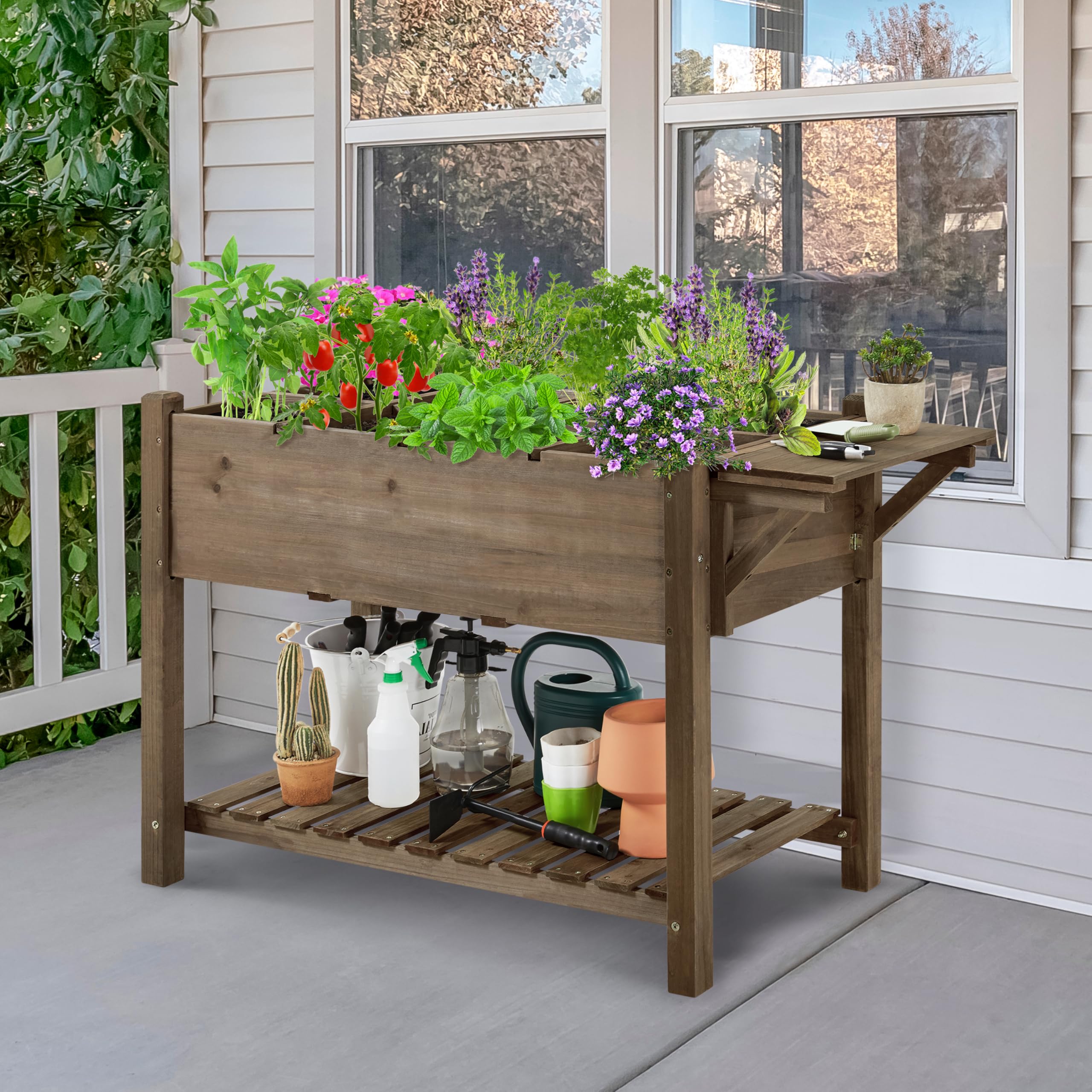 Yaheetech Fioriera/Aiuola Rialzata Orto Balcone da Esterno Giardino Alta in Legno Naturale Lettino per Piante Giardino con Ripiano Pieghevole e Griglia 8 Scompatimenti 123,5 x 54 x 80 cm