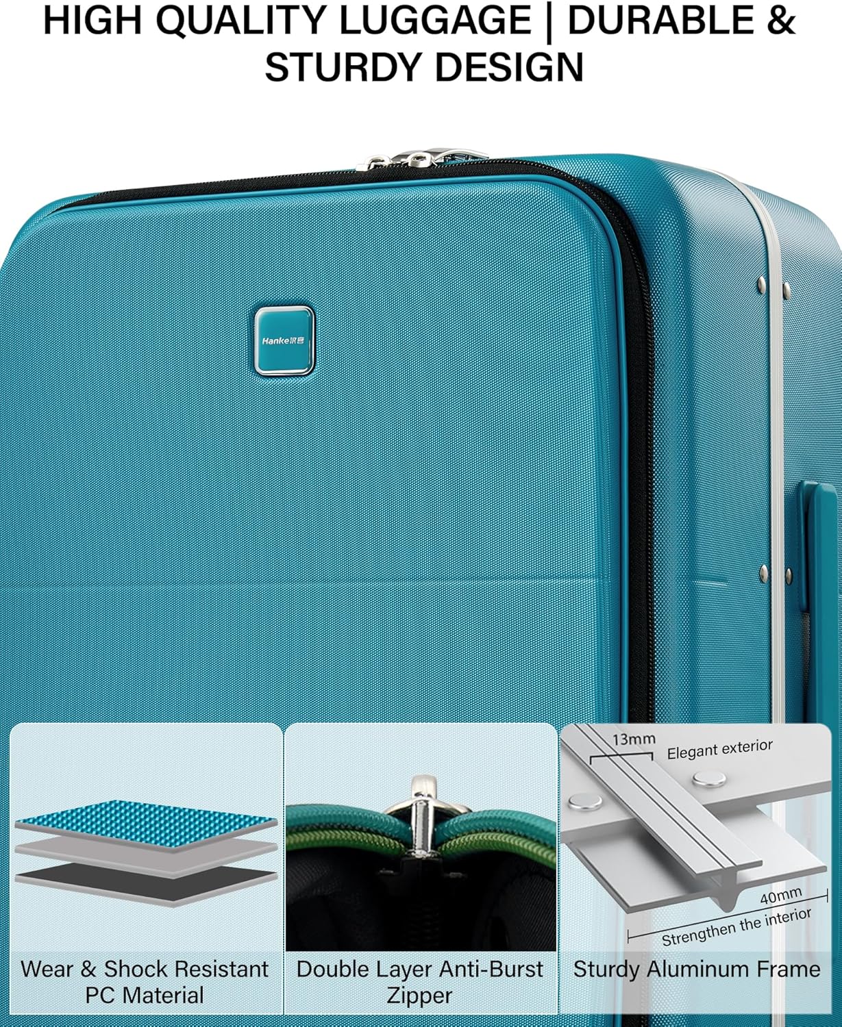 Hanke 20 Inch Top Opening Carry On Luggage, Hard Shell Suitcase with Cup Holder,USB Charging Port, Aluminum Frame with TSA Lock, 8 Spinner Wheels, Dry-Wet Separation Removable Dividers,Caribbean Blue