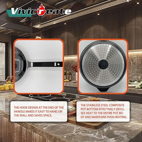 Miniatura 3 de vivicreate Sartén para saltear con tapa, 9.4 pulgadas, revestimiento antiadherente de mármol, adecuada para gas eléctrico y de inducción, sartenes