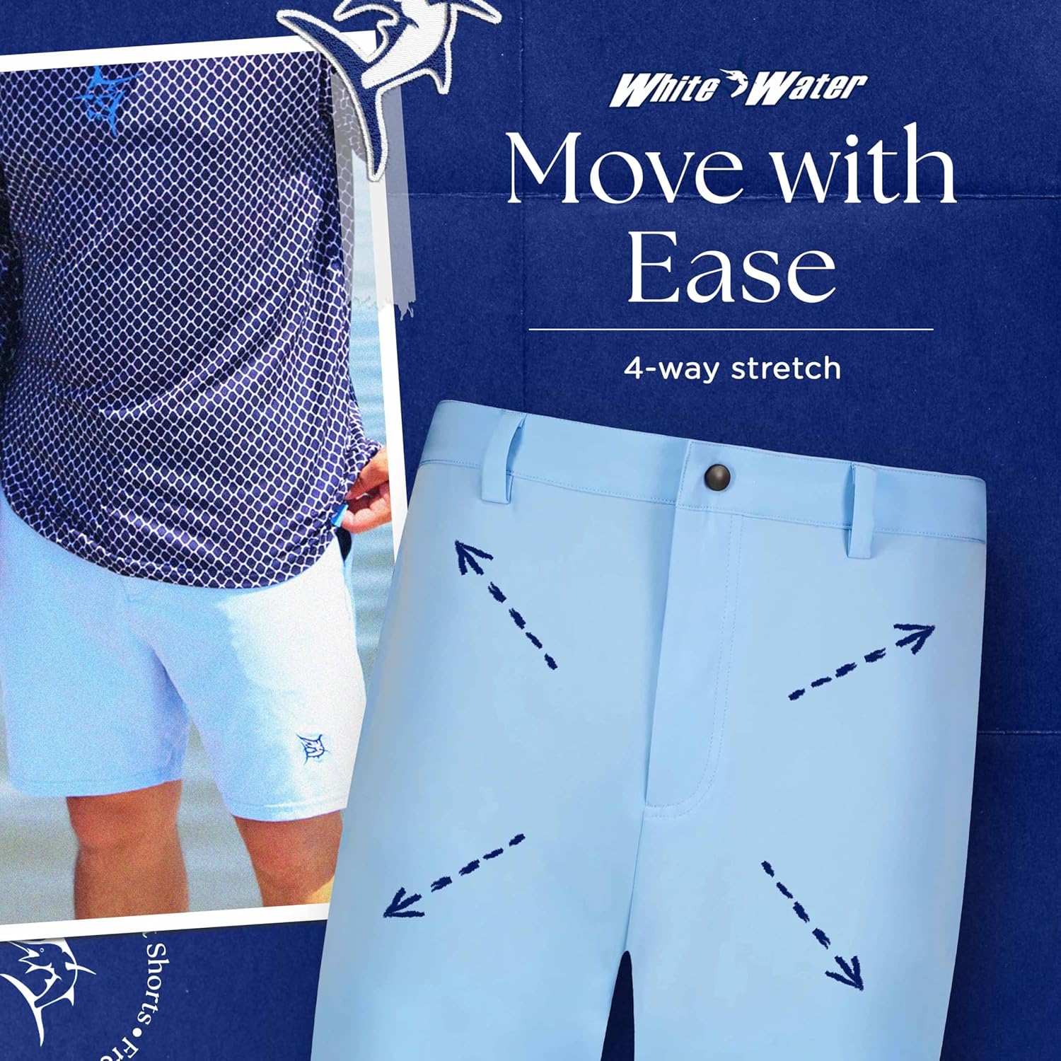 White Water Life Freeport Men’s Flat Front 7" Inseam Golf Shorts – Lightweight 4-Way Stretch, Liner, Zipper Pocket