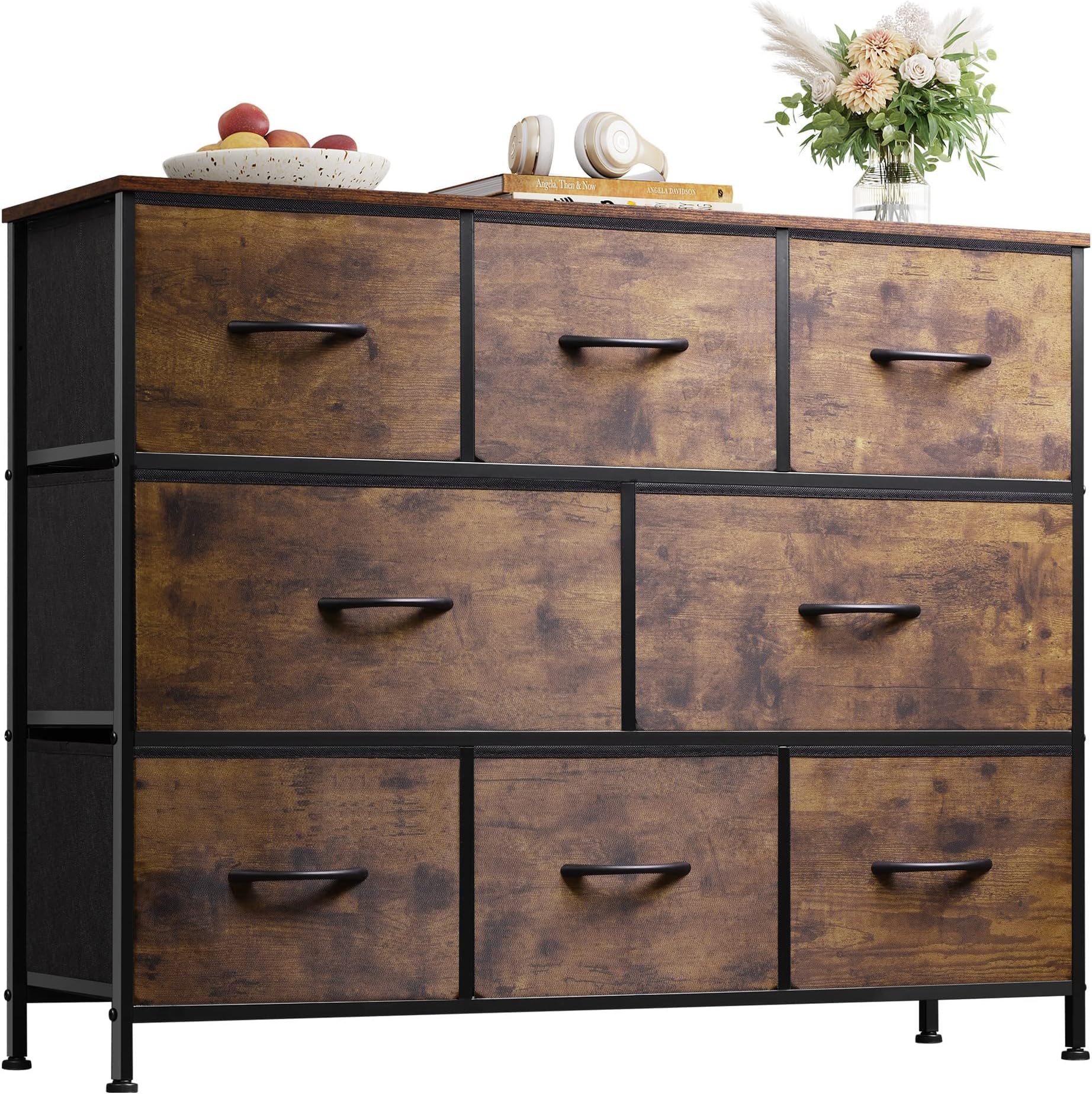 WLIVE 8 Drawer Dresser for Bedroom, Fabric Dresser with Large Storage Drawer Unit for Entryway, Chest of Drawers for Living Room, Rustic Brown
