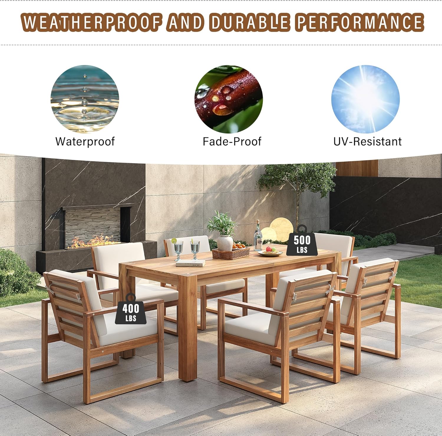 7 Piece Patio Dining Table Set with Umbrella Hole, Outdoor Acacia Wood Furniture Set with Removable Cushion for Garden, Backyard, Lawn, Poolside (Beige,Light Teak)