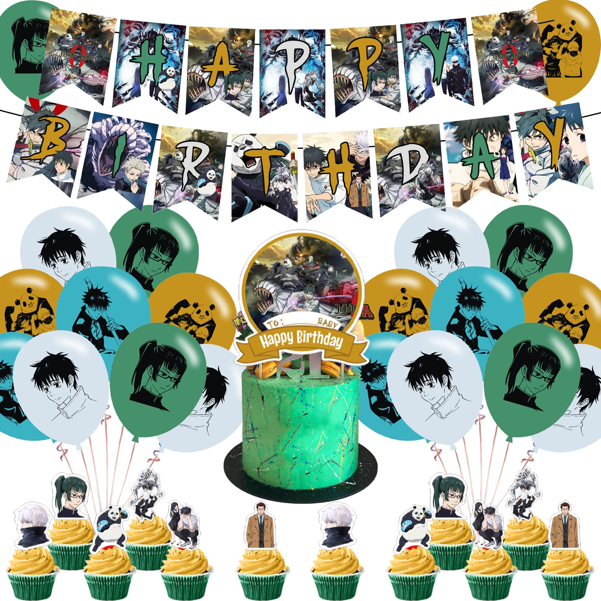 Jujutsu Kaisen 0 Party Decorations,Birthday Party Supplies For Jujutsu Kaisen Party Supplies Includes Banner-Cake Topper-12 Cupcake Toppers-20 Balloons