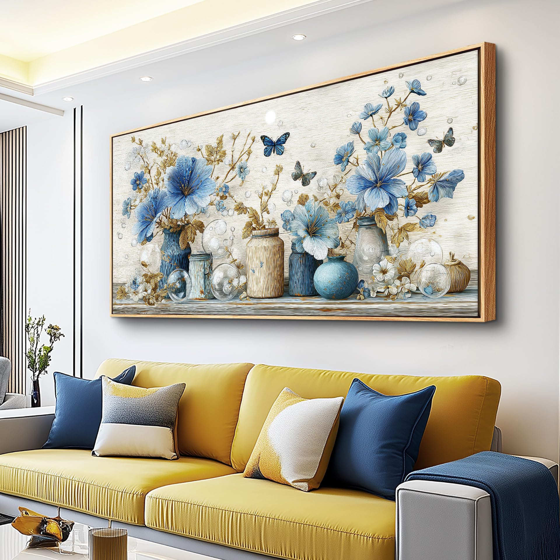 Photo 1 of VXMXFTE Floral Large Canvas Painting Wall Art For Living Room Restaurants Floral Butterfly Pattern Blue And Gold Abstract Painting Printed Wall Decor Piece Bedroom Homes Decor 30" X 60" Wood Frame