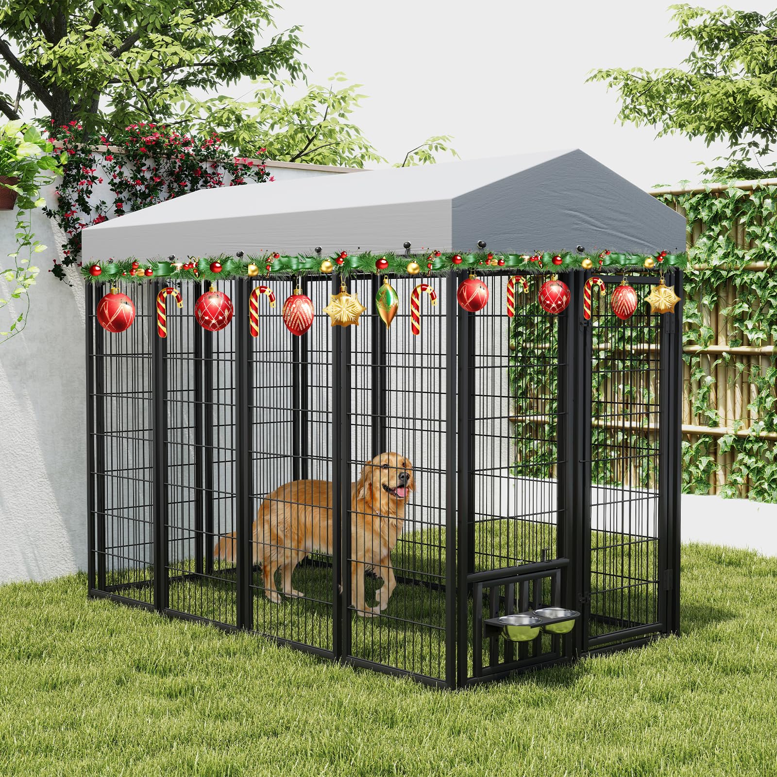 Rovibek Outdoor Dog Kennel with Roof, Dog Kennel Outside with Feeding Bowls, Dog Kennel Out-Side, Outdoor Enclosure with Waterproof & Sun-Resistant Roof, Covered Puppy Kennel for Yard
