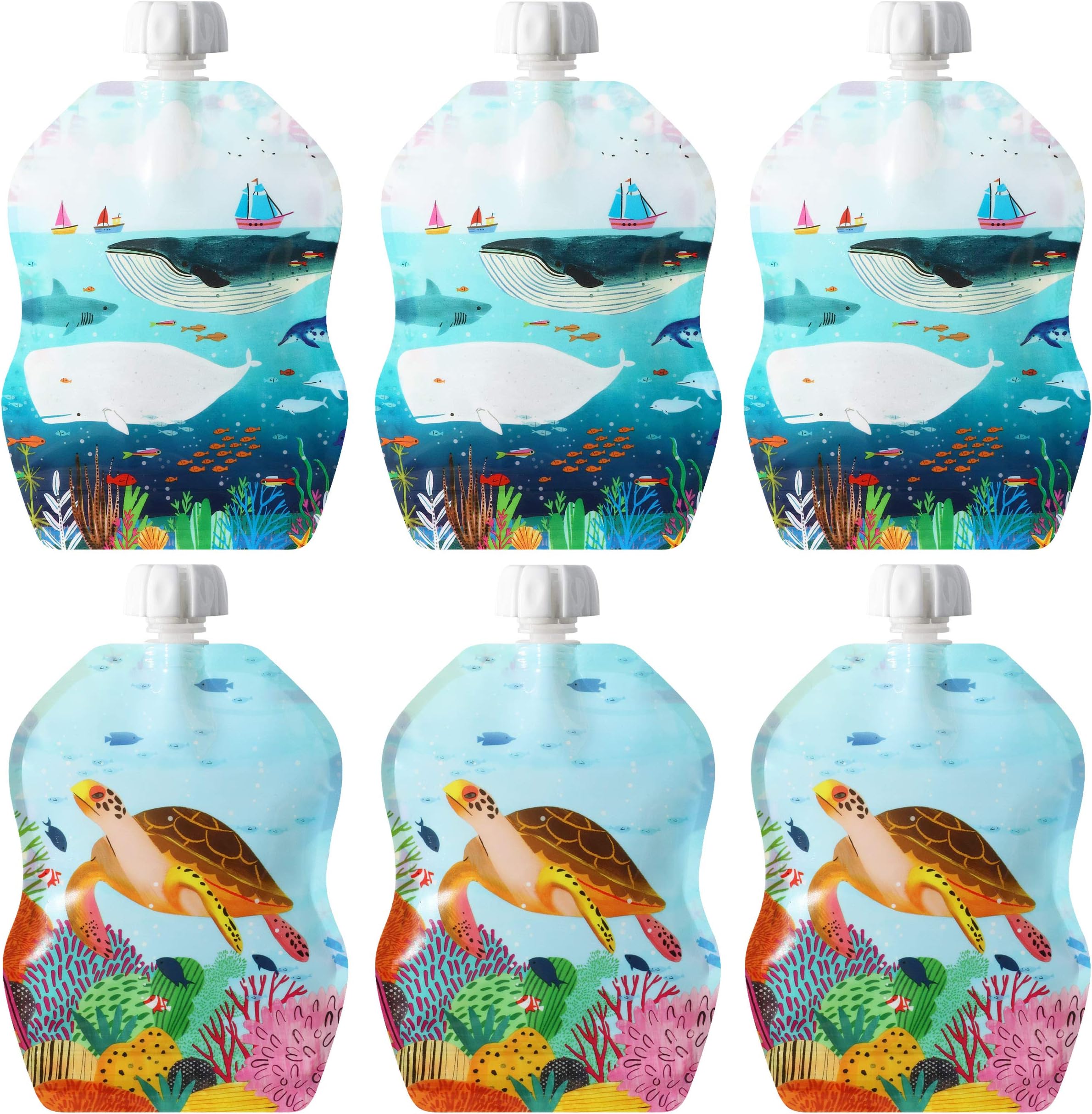 ChooMee Reusable Baby Food Storage Pouches | BPA Free Leakproof Toddler Squeeze Pouch for Smoothies, Purees & Baby Food | Refillable, Double Zipper, Easy Clean, Wide Bottom | 6CT, 8oz SeaLife