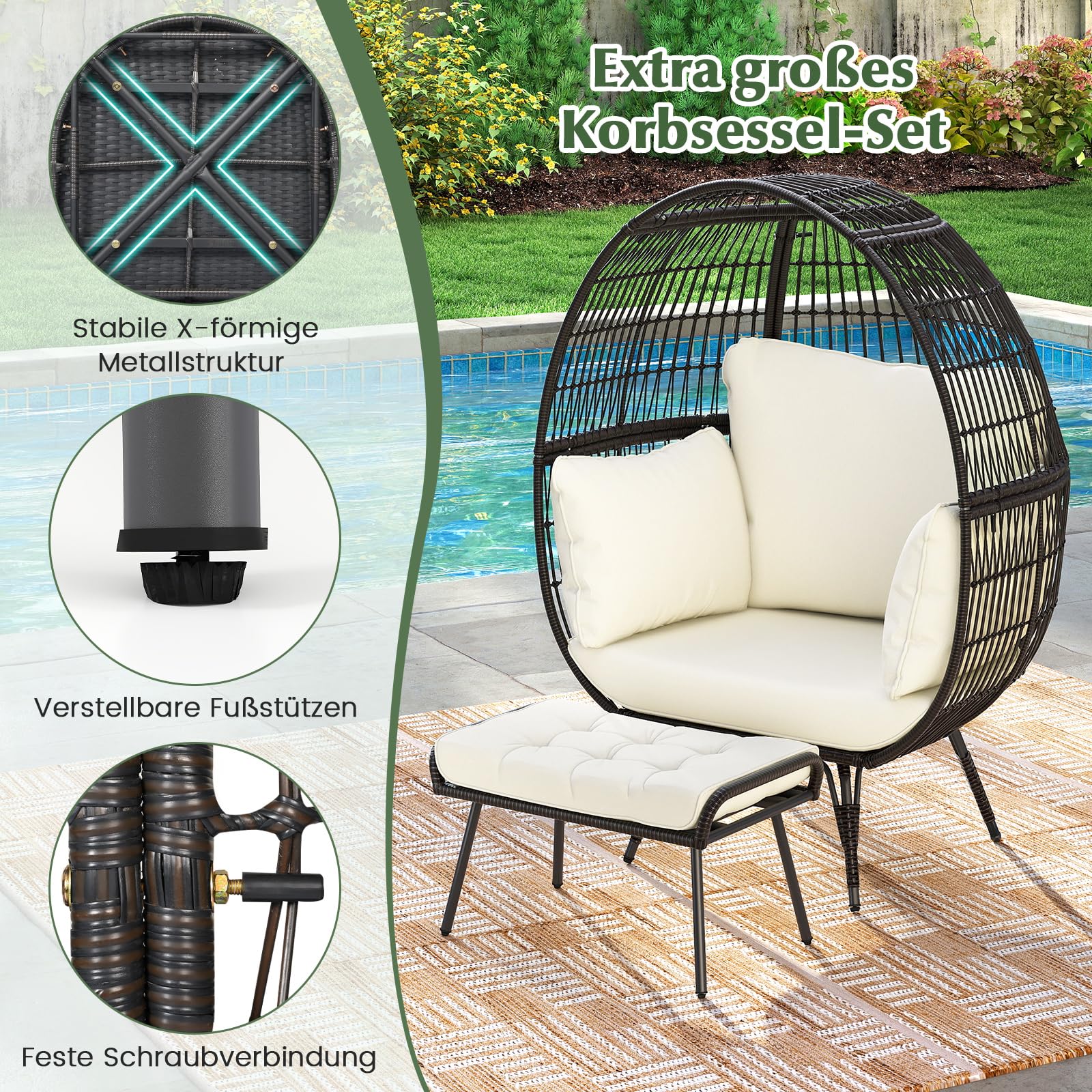 COSTWAY Fotel wiklinowy, rattanowy z taboretem, bardzo duży fotel ogrodowy z poduszkami i metalowym stelażem, fotel rattanowy XXL, fotel wypoczynkowy na balkon, do ogrodu, na taras, do salonu