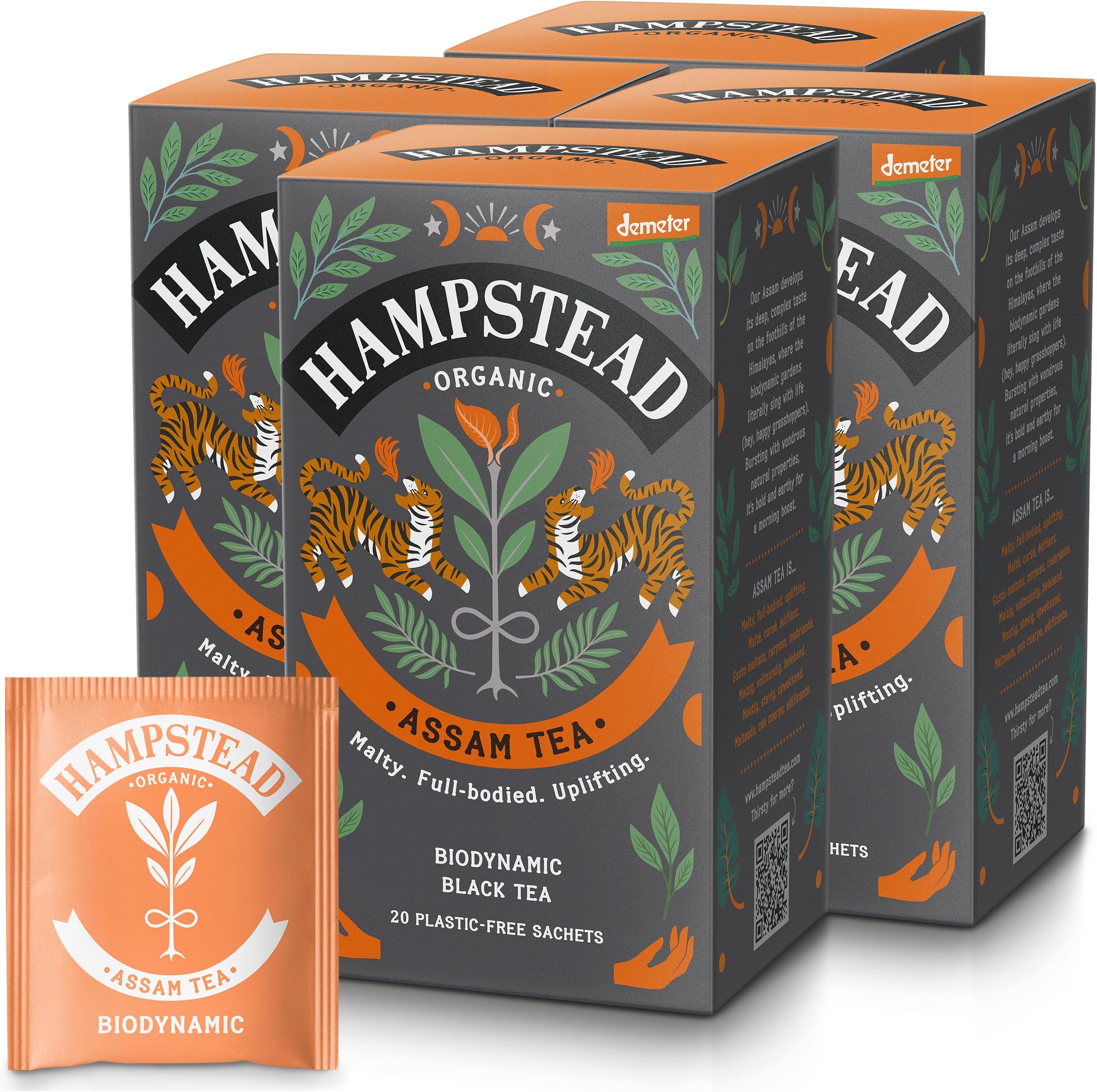 Hampstead Organic Assam Tea Bags (4 Packs of 20), Bold Black Tea Infusion with Rich Malty Notes, Plastic-Free Compostable Sachets