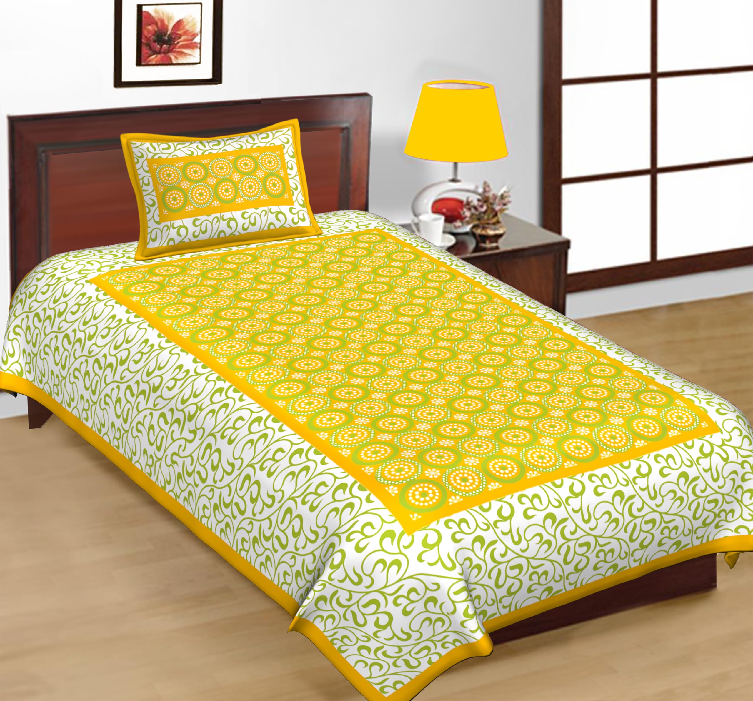 63x90 Inch Single Bed Cotton Bedsheet with Pillow Cover (Yellow_)-picture-32