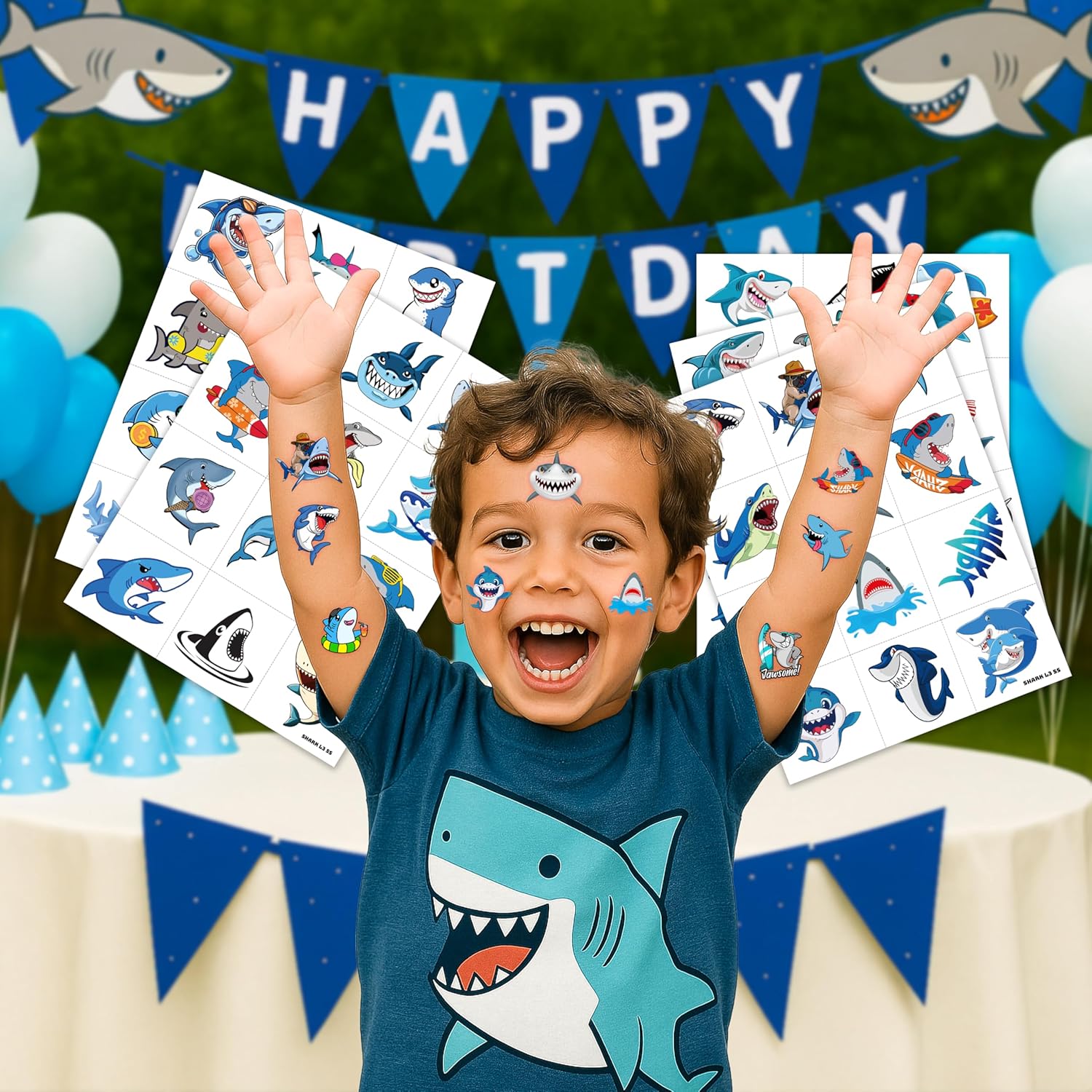 60 PCS Shark Pre-Cut Temporary Tattoos Sticker Sea Animal Fish Under The Sea Ocean Birthday Party Decorations Decor Favors Supplies Gifts Kids Boys Girls Cute Fake Tattoo School Reward Themed - Image 2