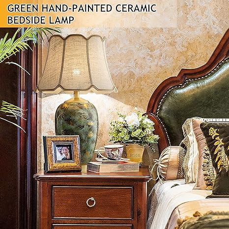 CEKUXPS Blue Hand-Painted Ceramic Table Lamp Gold Flower Beside Lamps American Halo Ceramic Lamp Body with Fabric lampshade Nightstand for Living Room Bedroom Home Office photo 2