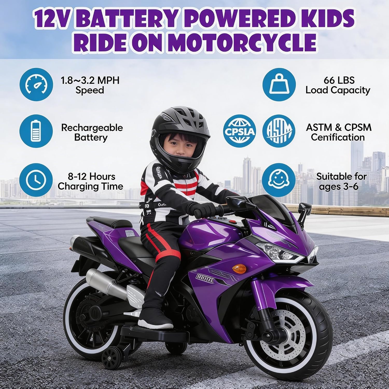 12V Kids Electric Motorcycle, on Car LED Lights, Music Player & Horn with Training Wheels, Pedal, MP3, USB Port, Electric Motorcycle for Kids Children Ages 3+, Gift for Boys & Girls（Purple）