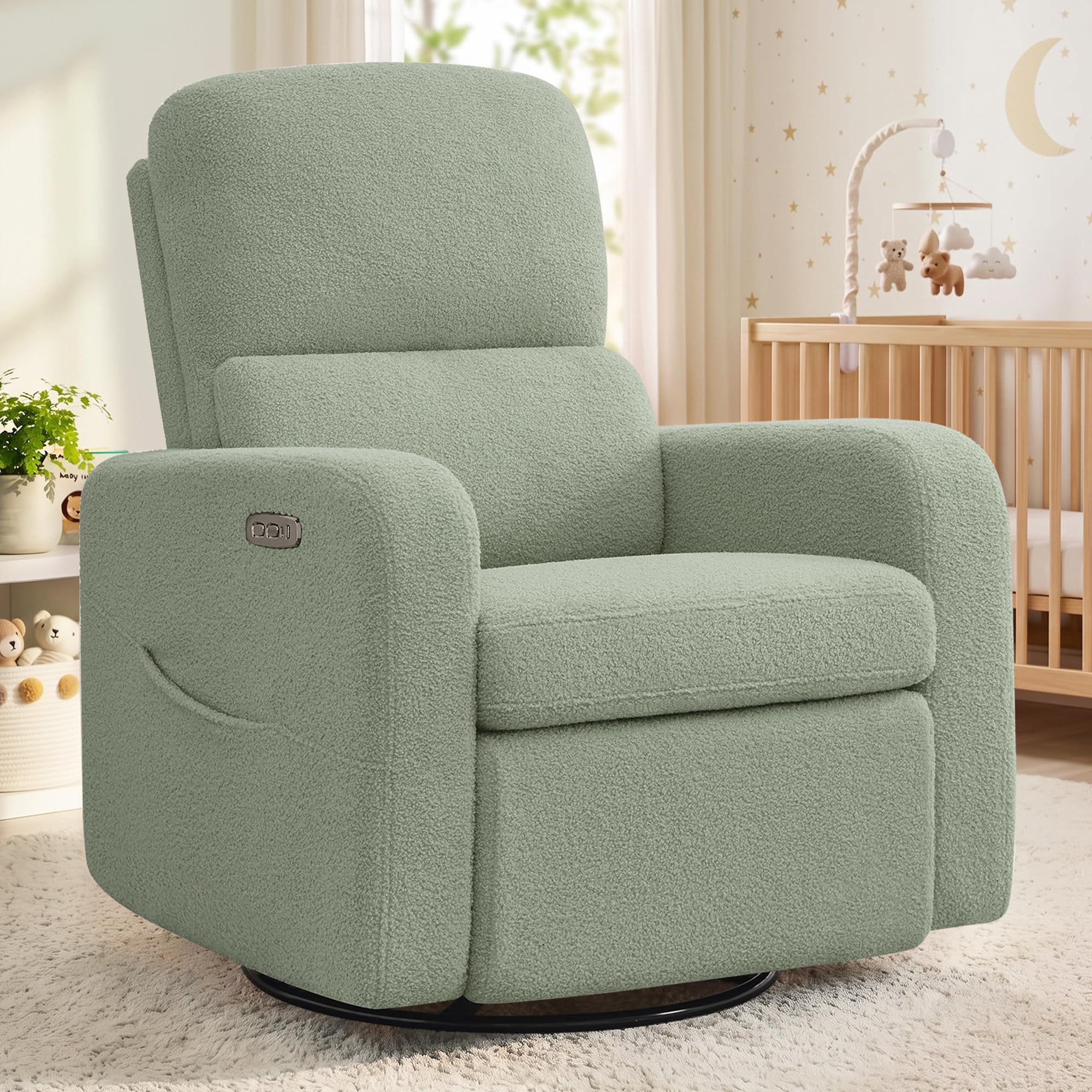 Power Swivel Rocker Recliner, Oversized Electric Boucle Recliner Chair, Teddy Swivel Glider Nursery Reclienr with Removable Cushion, Upholstered Recling Chair for Living Room Bedroom, Green
