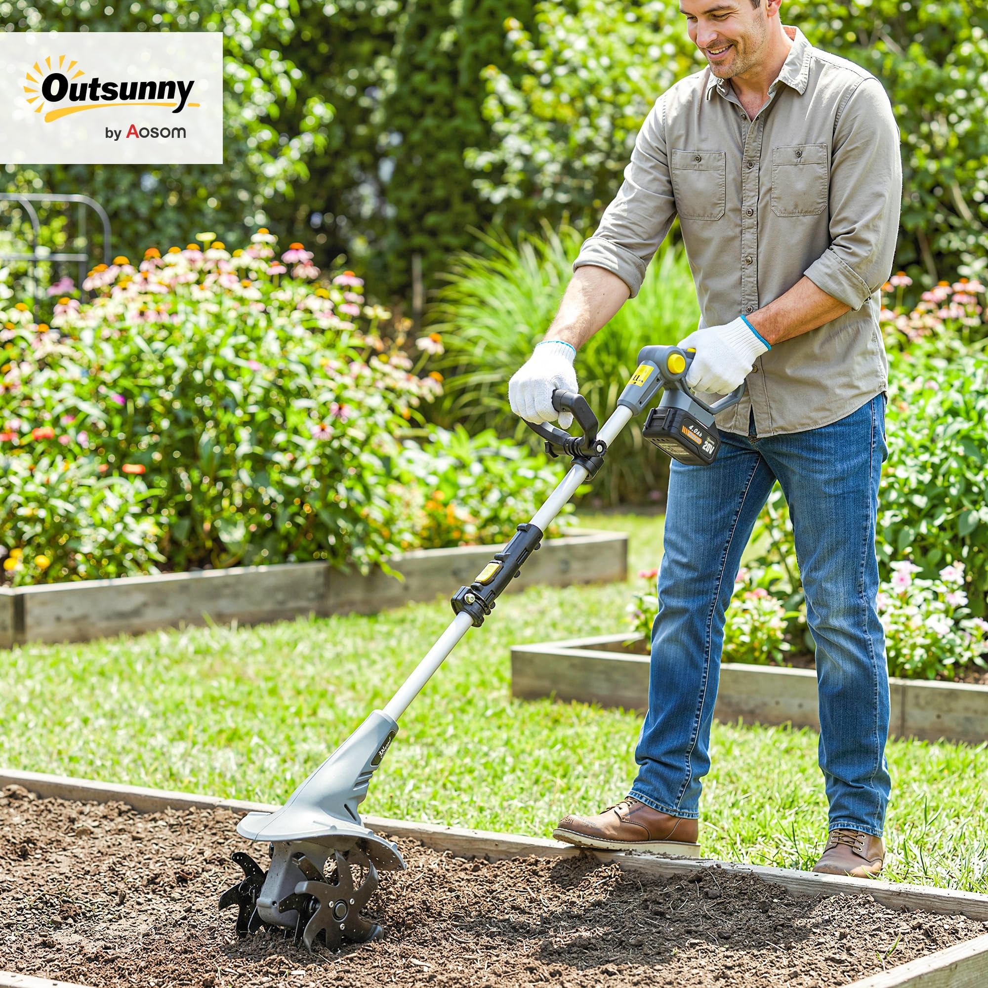 Outsunny Motobineuse sans Fil 18V - Motoculteur Électrique 355W avec 2 Batteries 4,0Ah - Léger et Anti-Mal de Dos, Largeur 20cm - Kit Complet pour Ameublir Le Sol, Potager et Seniors, Gris