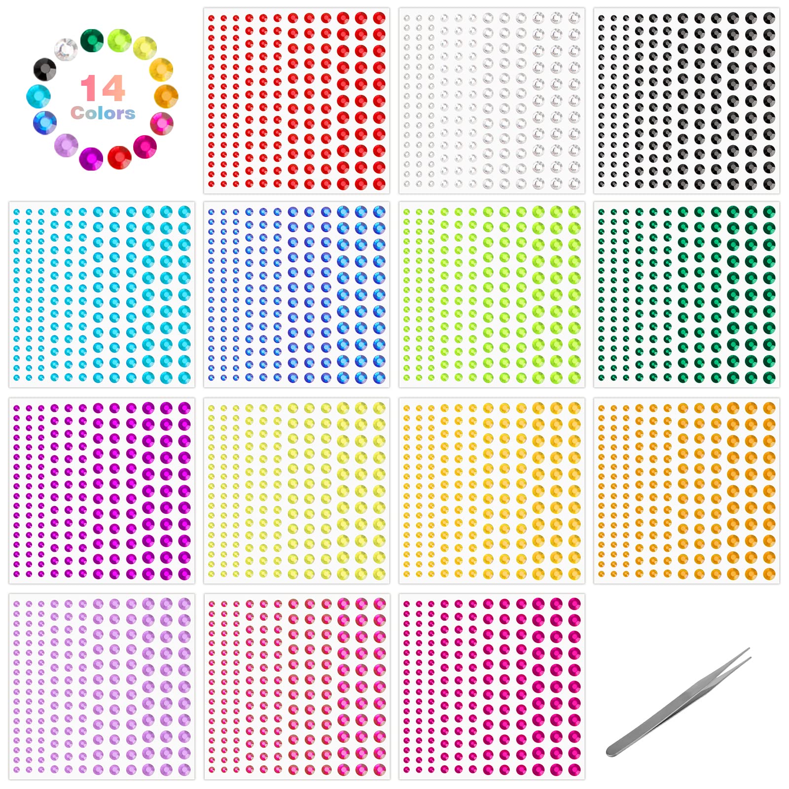 2310 Pcs Brillantes para la Cara Decorar Autoadhesivas Diamantes, 4 Tamaños Pegatinas Cara Festival Brillantes Pegatinas Gemas de Diamantes para DIY Uñas Faciales Cuerpo Festivales Bodas, con Pinzas