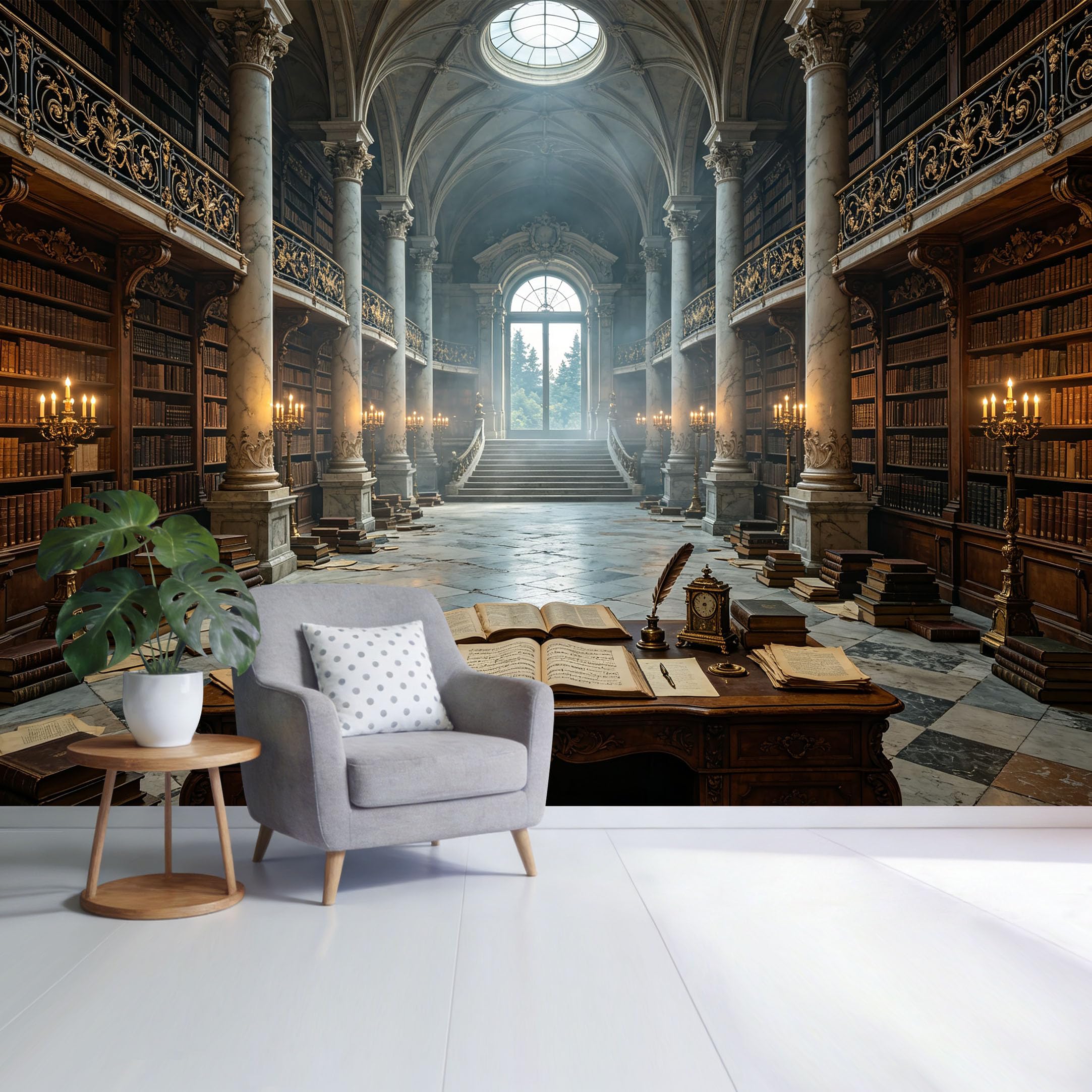 Custom Size Wall Mural Classic Library Interior Antique Bookshelves Architecture 3D Trompe L'Oeil Removable Self Adhesive Fabric， Home Wall Decor for Living Room Bedroom Bathroom