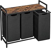 VASAGLE 3-Compartment Laundry Hamper with Pull-Out Removable Bags, Top Shelf, Steel Frame - 31.8 Gallons, Ink Black & Rustic Brown UBLH301B01