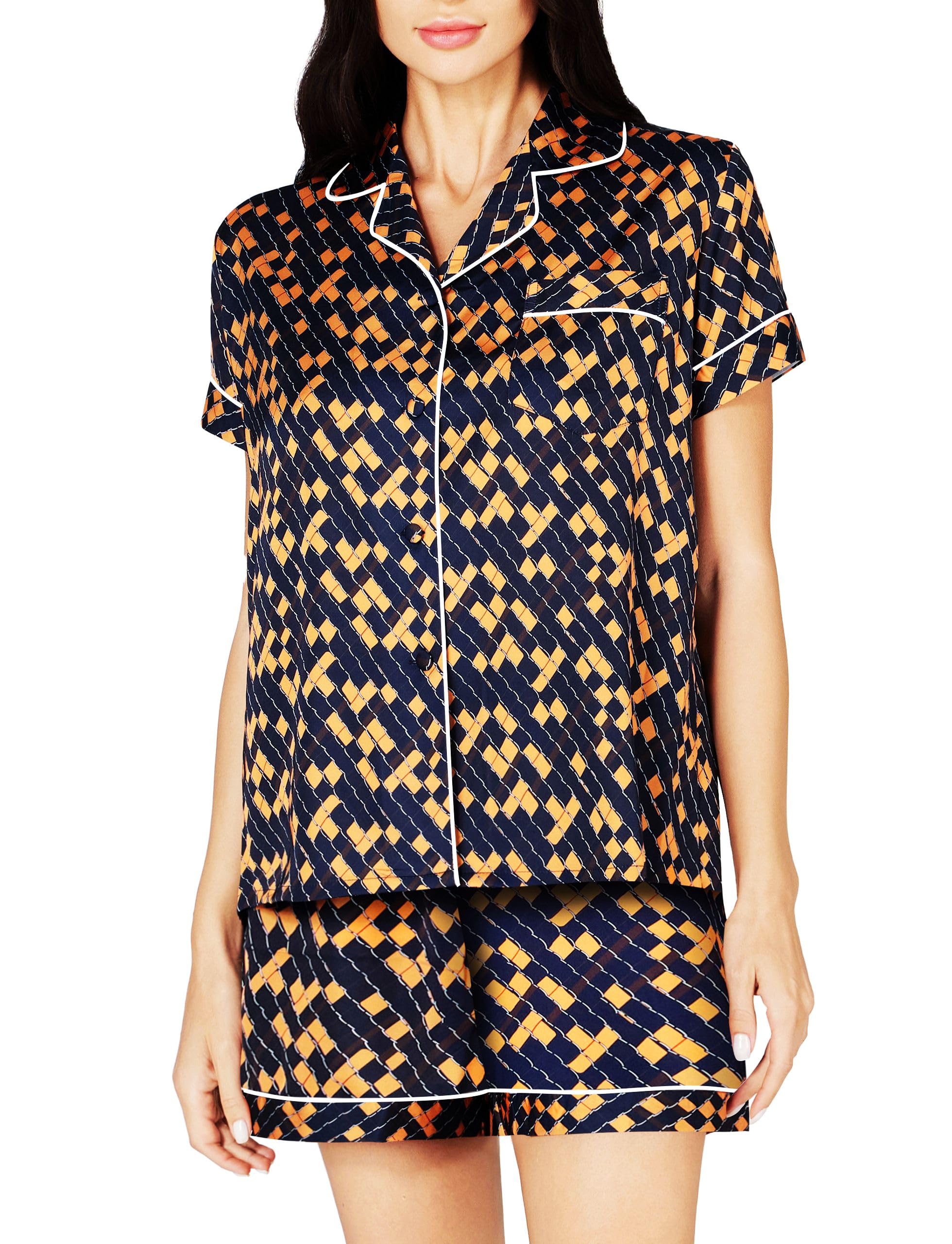 LONXUWomens Silk Satin Pajamas Set Two-piece Button-Down Pj Sets Sleepwear Loungewear XS~3XL