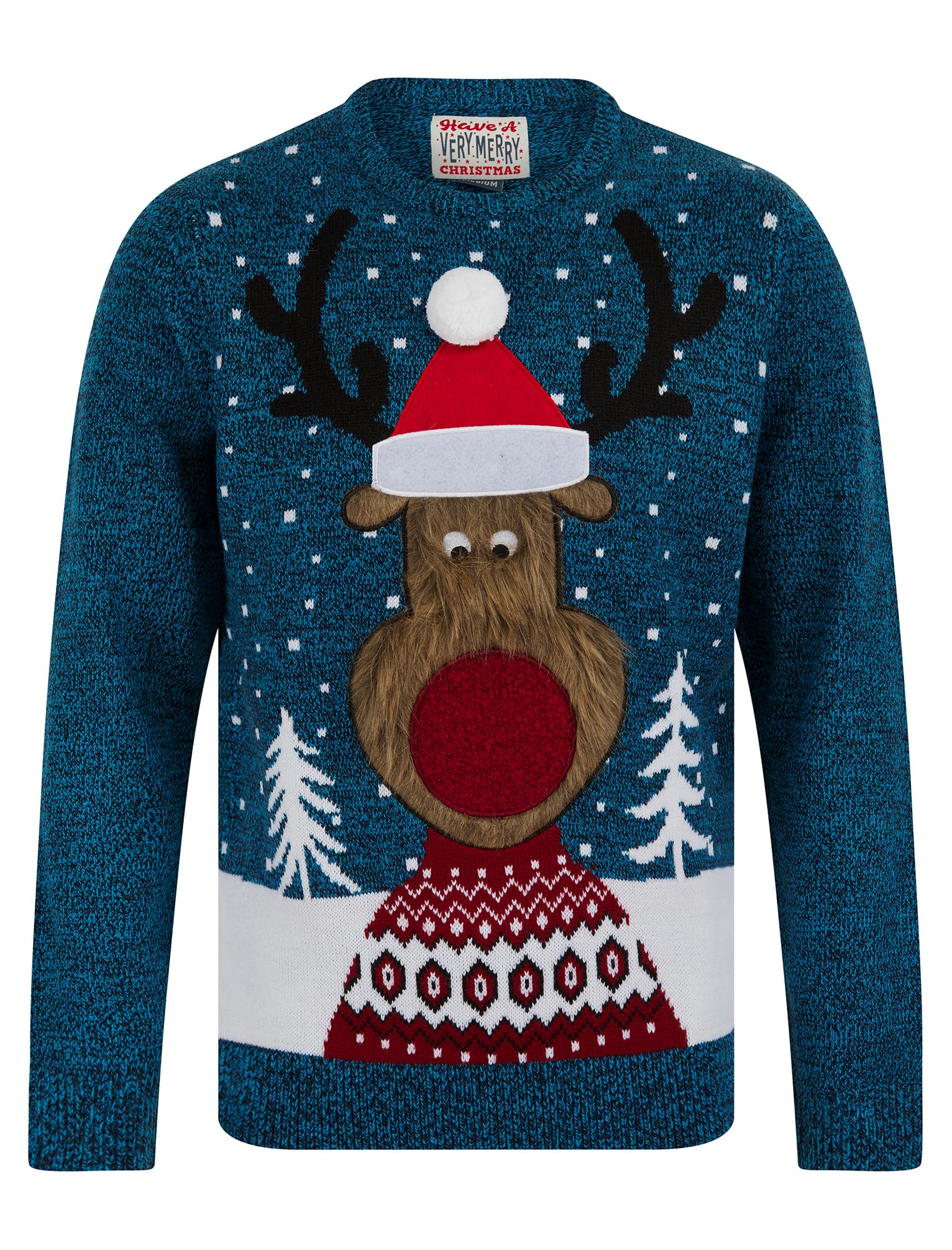 Tokyo Laundry Men's Deerer - Ink Deerer Motif Novelty Christmas Jumper In Christmas Ink/Blue Aster Twist - Merry Christmas - M