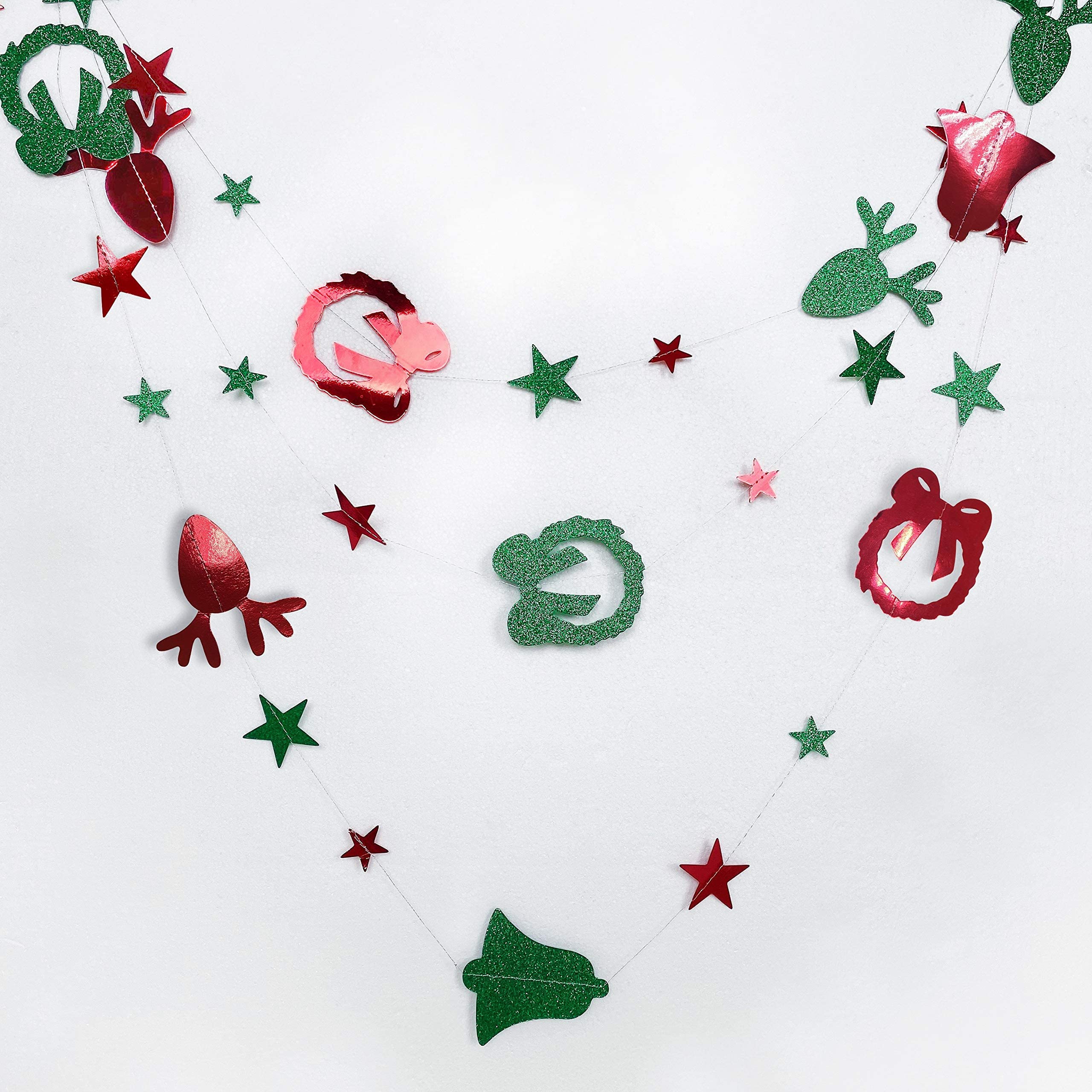 Ghirlanda natalizia di metà secolo da 8 piedi - Decorazioni natalizie vintage MCM con stelle di Natale e agrifoglio, catena di plastica con campanellini - Decorazioni natalizie retrò - Italia