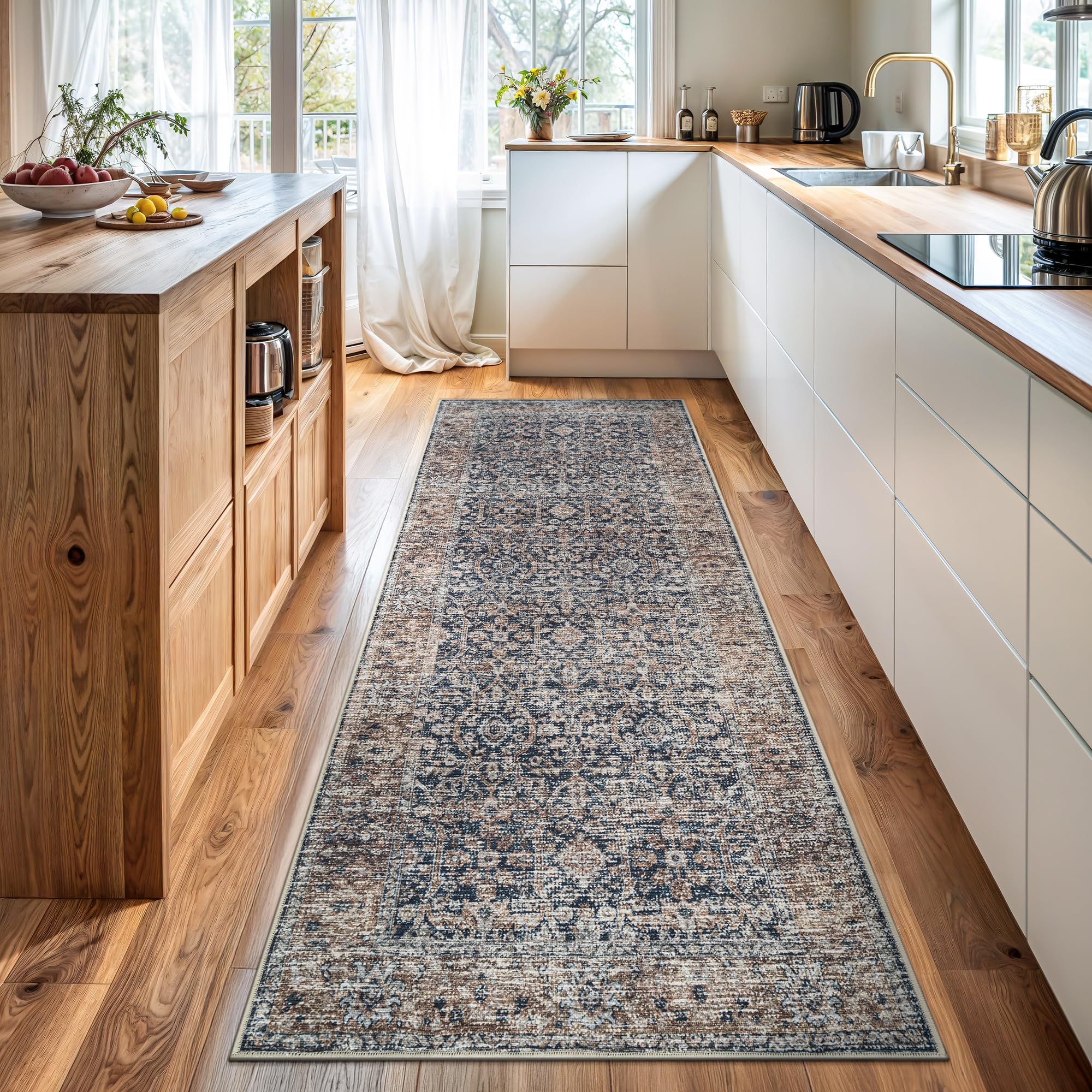 Bloom Rugs Caria Washable Non-Slip 10 ft Runner - Dark Blue/Tan Traditional Runner for Entryway, Hallway, Bathroom, and Kitchen - Exact Size: 2'6" x