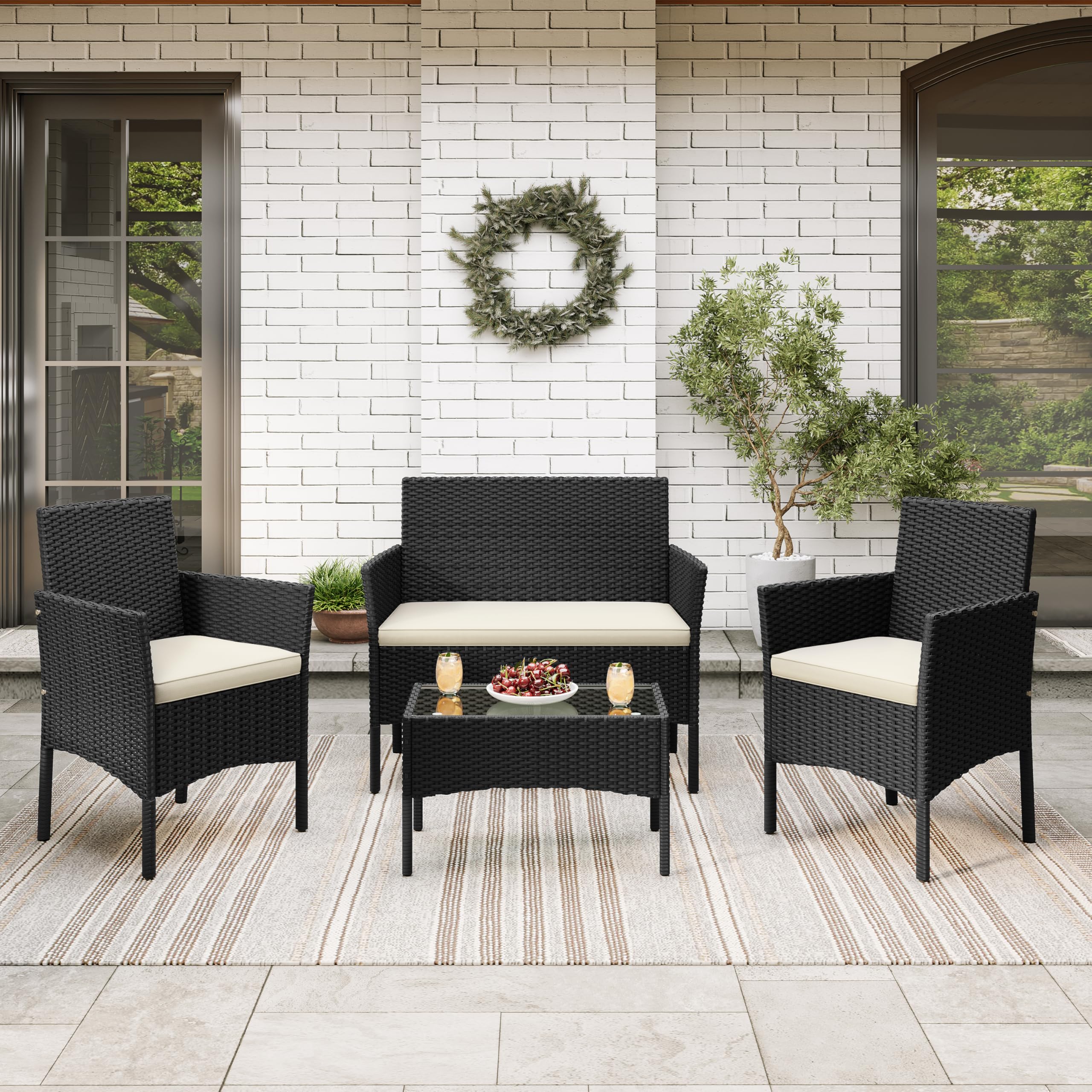 Yaheetech 4-Piece Rattan Patio Furniture Set, Outdoor 4 Seater Patio Conversation Sets with Glass Top Coffee Table, Weather Resistant Garden Conversation Set for Patio, Backyard, Deck, Black/Beige — view 6