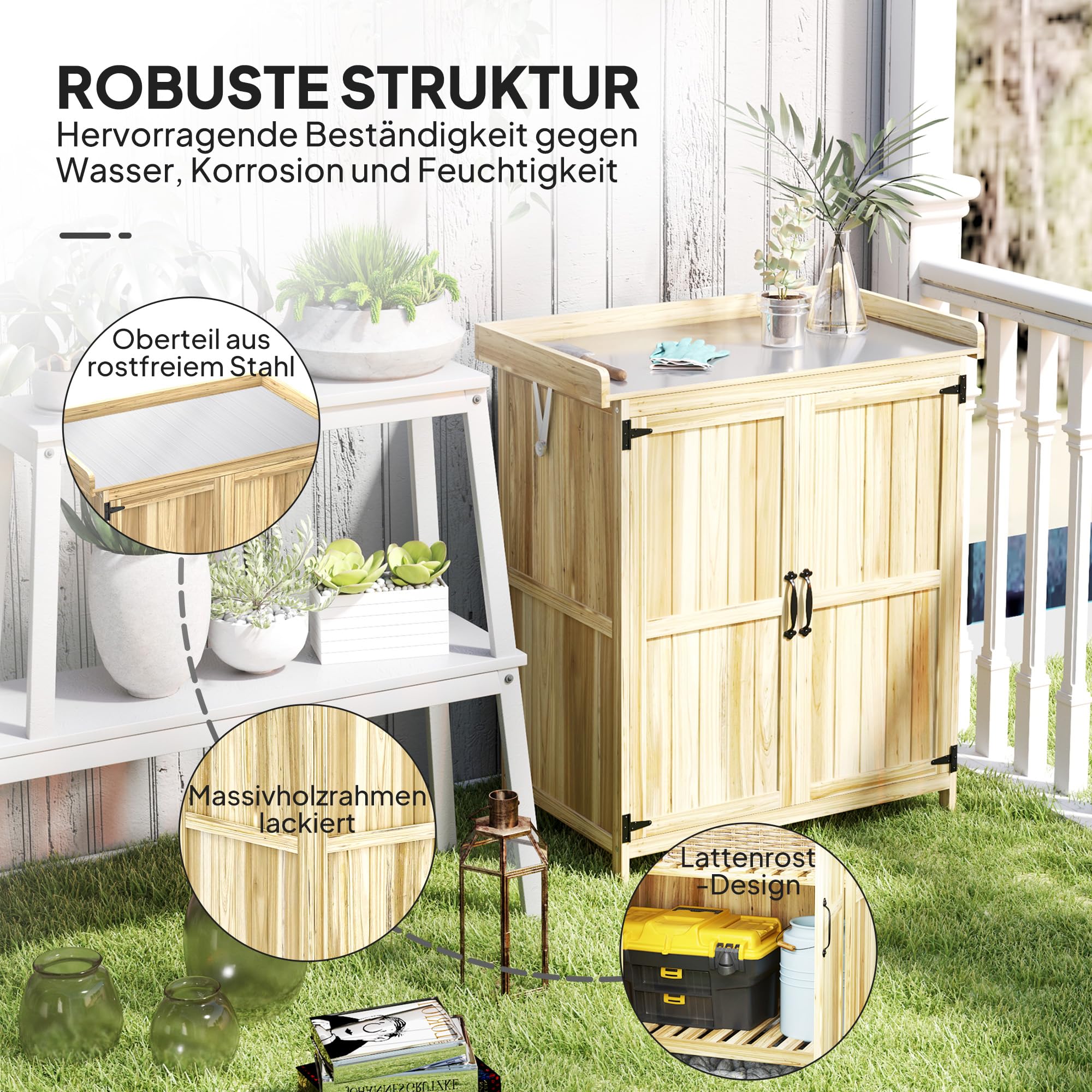 Outsunny Gartenschrank Holz Wetterfest mit Klappdach 74x43x88cm Naturholz | Ablagen, Arbeitsfläche, Geräteschuppen, Gerätehaus, Geräteschrank, Gartenhaus, Werkzeugschrank, Gartenschuppen, für Garten