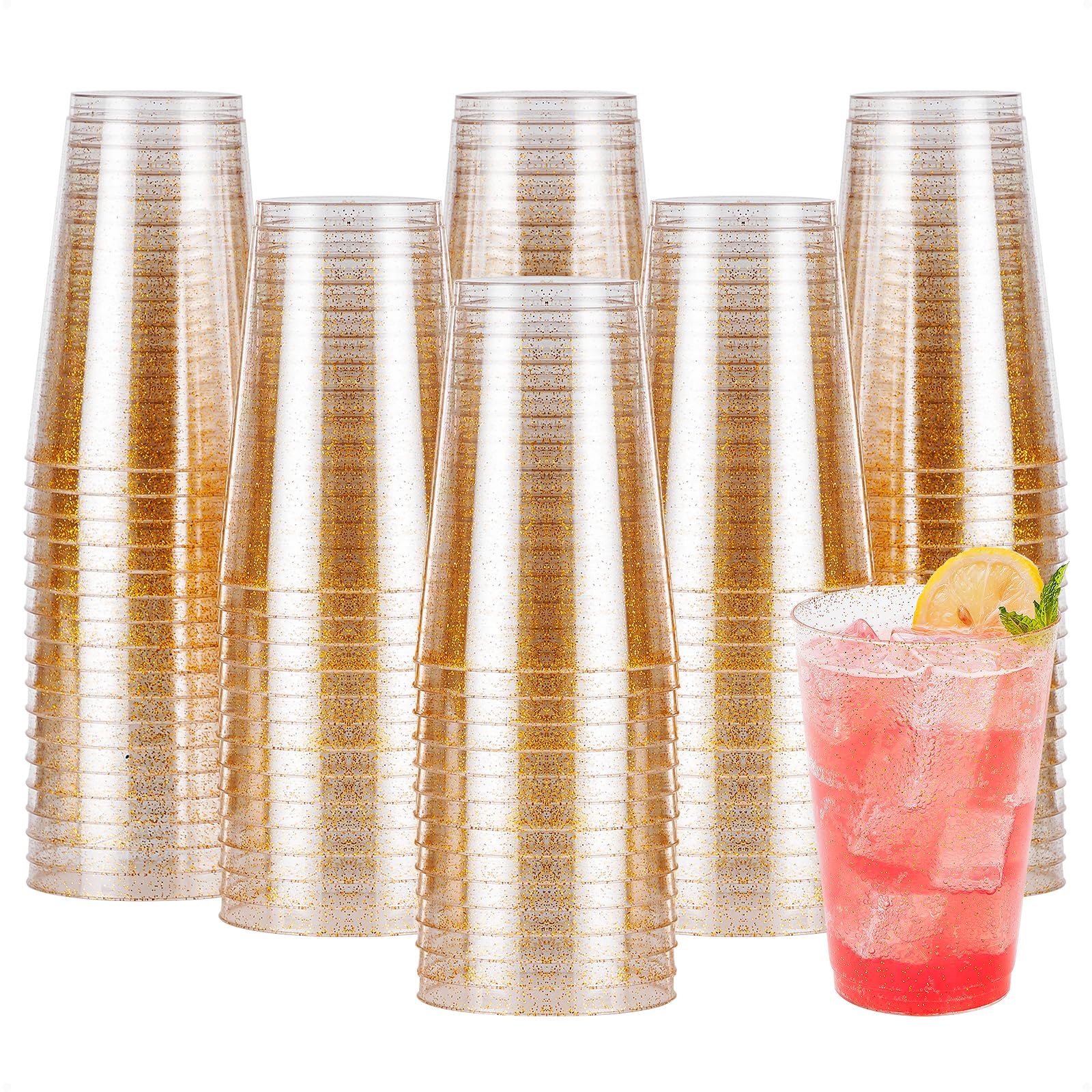 Goodluck 14 oz 200 PCS Gold Glitter Plastic Cups, Disposable Glitter Cups, Elegant Plastic Cocktail Glasses, Fancy Party Cups for Wedding, Birthday, Holiday