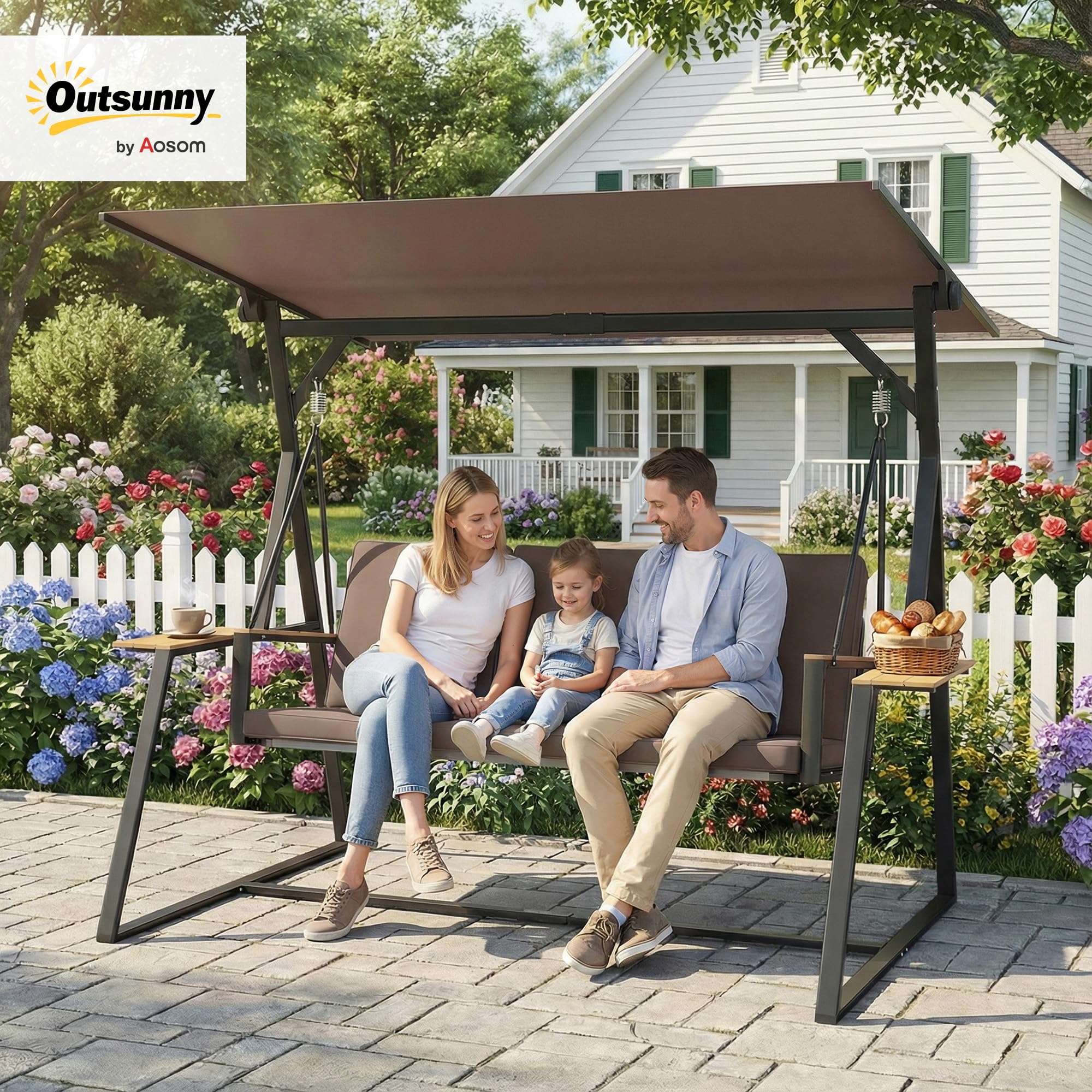 Outsunny Columpio de Jardín de 3 Plazas, Balancín de Jardín Exterior con Techo Ajustable UPF50+, 2 Bandejas, Cojines y Marco de Metal, para Balcón, Terraza, Patio, Carga 360 kg, 222x131x175 cm, Marrón