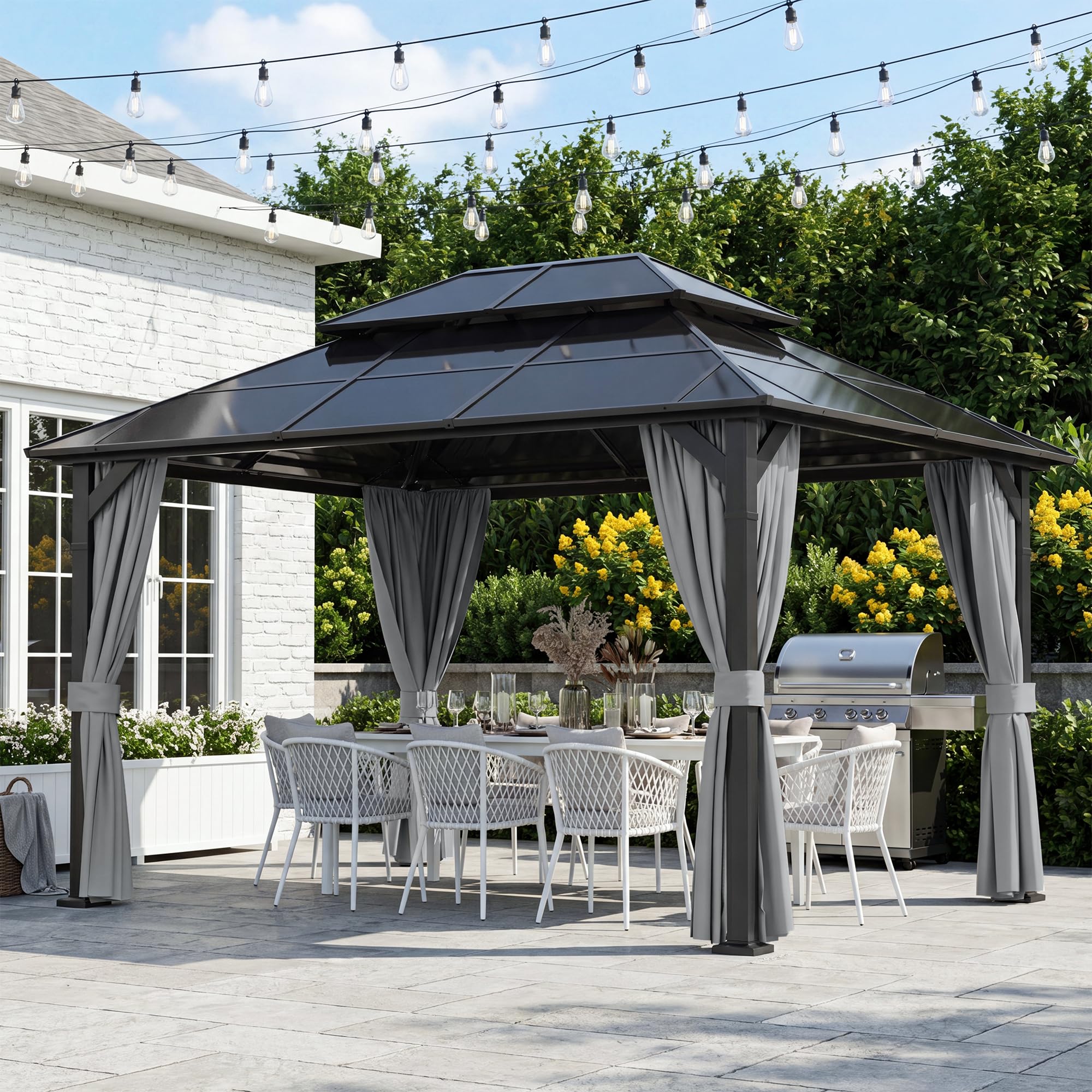 Amopatio Tonnelle de Jardin, 3 x 4 m, étanche, Stable, résistante à l'hiver, avec Polycarbonate – Double Toit, Toit Rigide, avec parois latérales pour Jardin, terrasses, Gris foncé