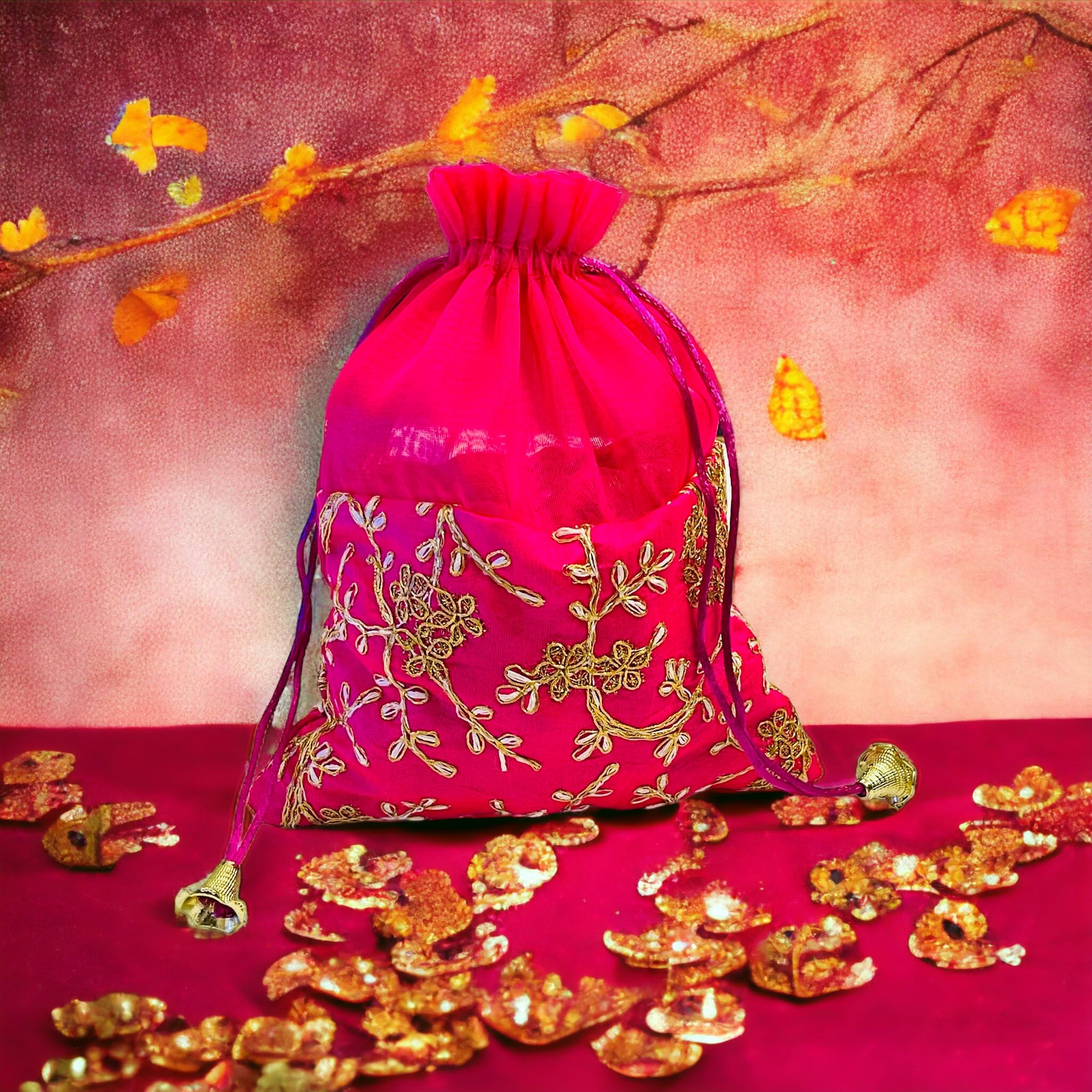 KRIWIN Pack of Ten pcs Women's Silk Drawstring Closure Embroided Big Size Gift Potli Bags Pouches(23 X 18 cm;Magenta) (10) 2