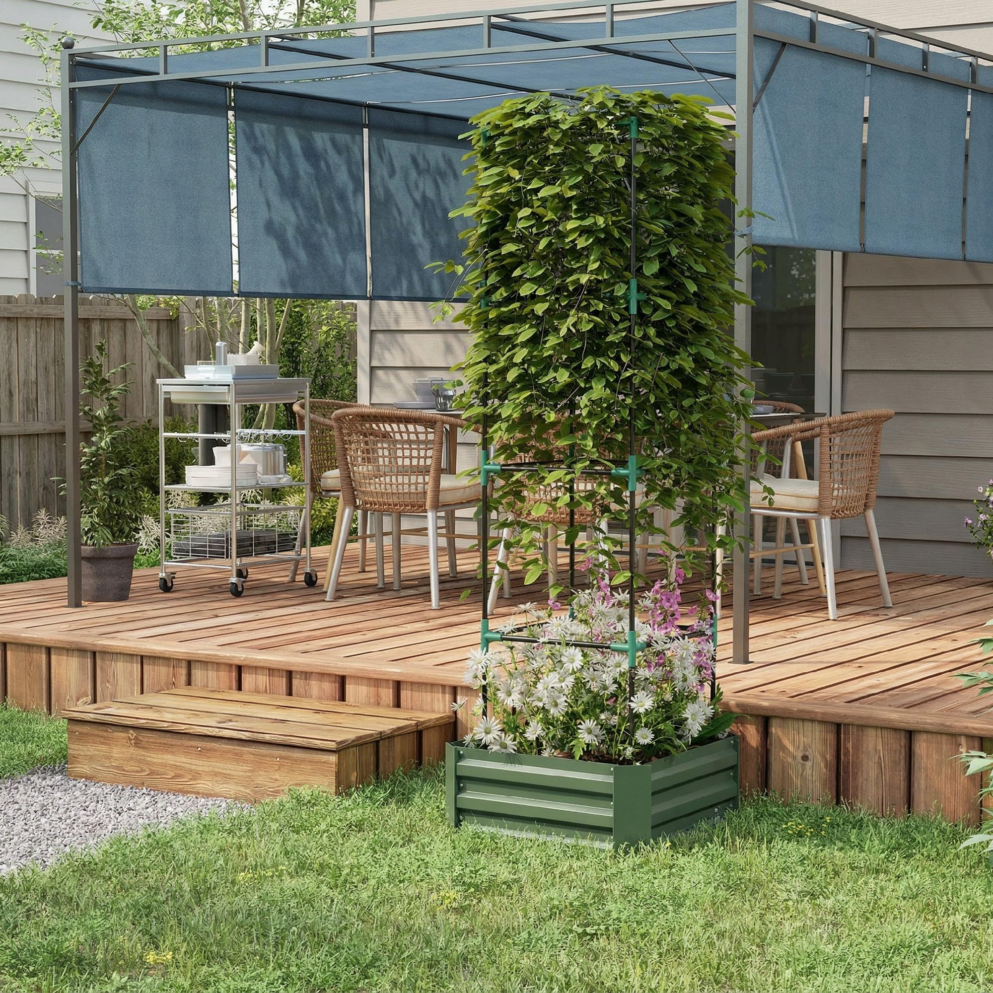 Outsunny Jardinière avec treillis ajustable, bac à fleurs cage à tomates, lit surélevé, pour plantes grimpantes, légumes, fleurs, en acier galvanisé, intérieur et extérieur, cour, jardin, balcon, vert