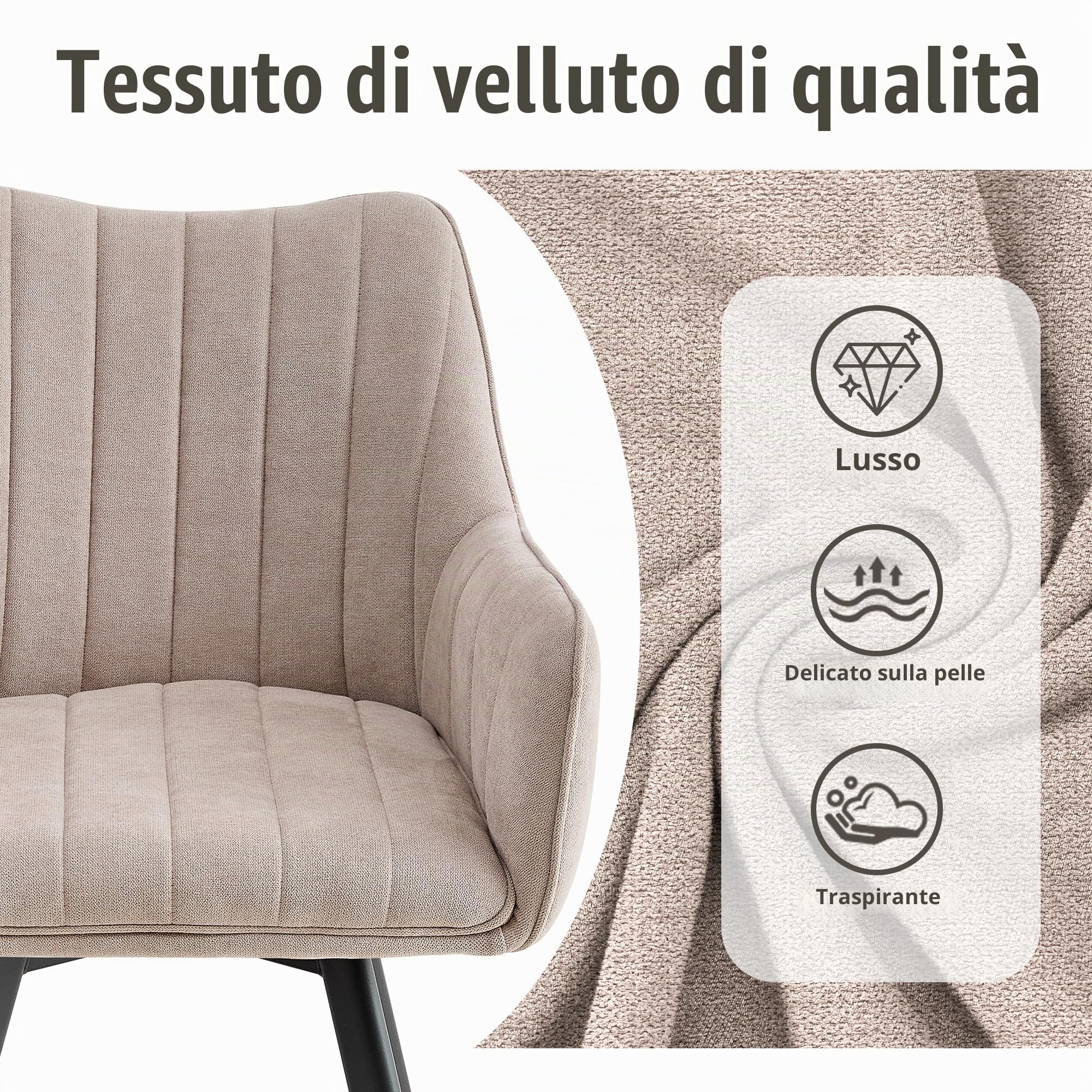 Set di 4 Sedie da Pranzo con Braccioli, Sedie da Cucina Imbottite in Lino, Gambe in Metallo Girevoli a 360°, Adatte a Sale da Pranzo, Cucine e Soggiorni, Beige