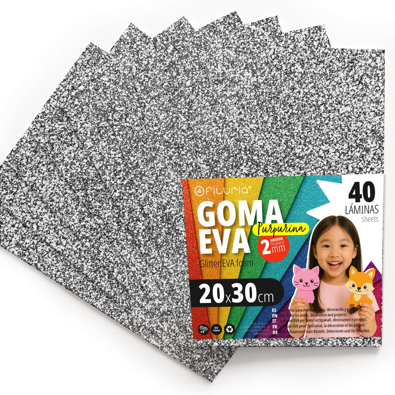 OFITURIA Eva Glitter Rubber for Creative Crafts Błyszczące Foam dla majsterkowiczów Projekty szkolne Sztuka Dekoracyjna Scrapbooking 20x30cm (Brokatowy srebrny, 40 sztuk)