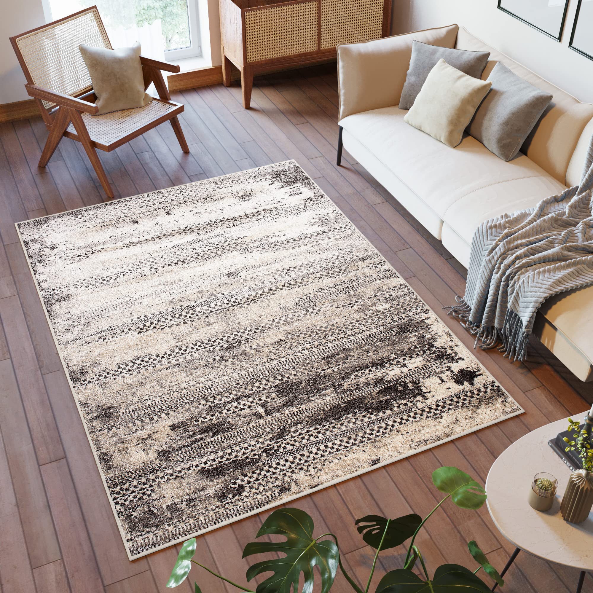 TAPISO Petra Tapis de Salon Chambre Salle à Manger Bureau Ado Design Moderne Crème Marron Moucheté Ethnique Motif Rayé Doux Dense Frise Poils Courts Confortable 80 x 150 cm