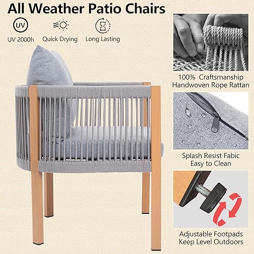 Miniatura 3 de Juego de 2 sillas de comedor al aire libre, juego de muebles de patio de mimbre con reposabrazos, sillas de patio acolchadas para mesa de comedor,