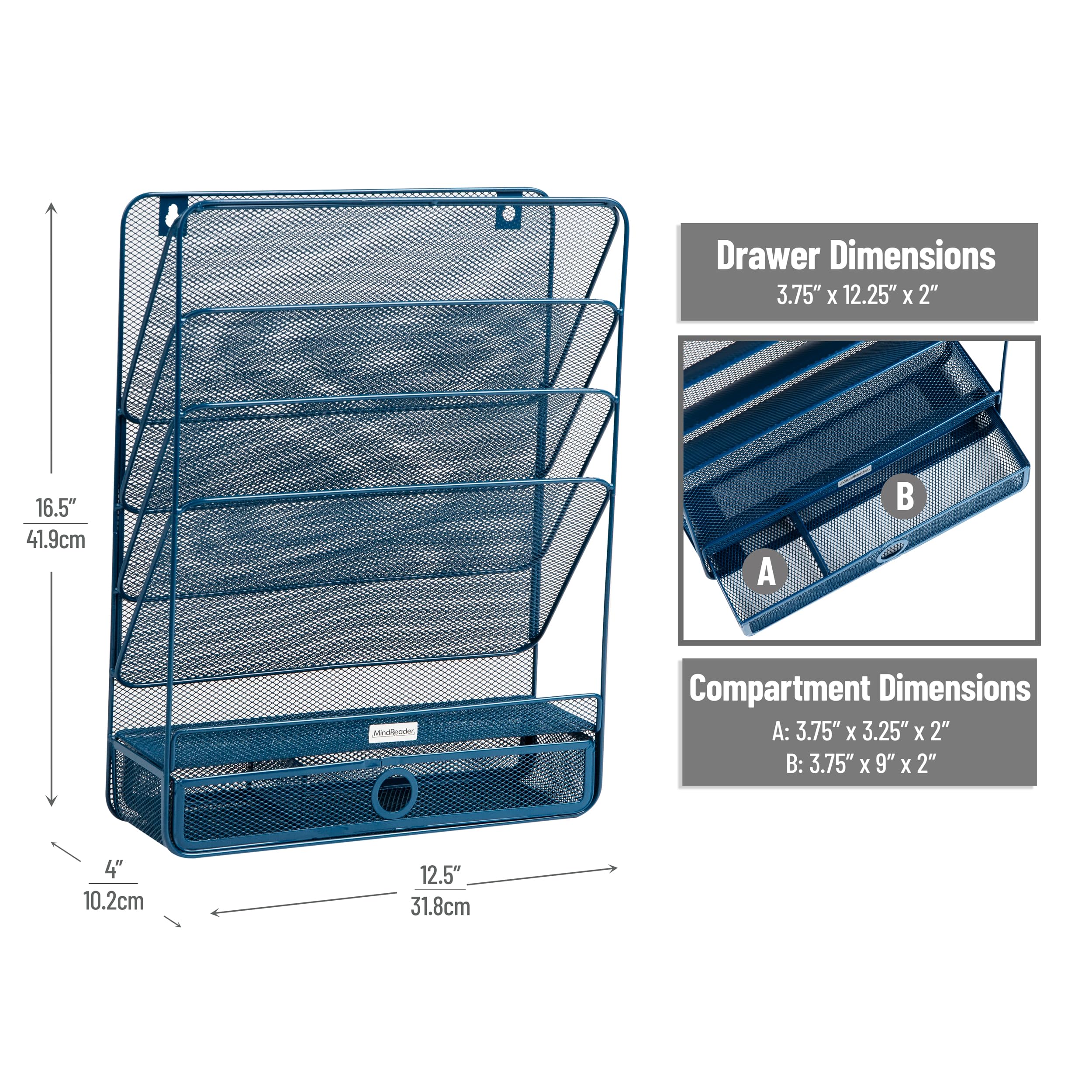 Mind Reader Organizer verticale a 4 livelli, organizer da scrivania, montaggio a parete, ufficio, rete metallica, 31,8 x 10,2 x 41,9 cm, turchese