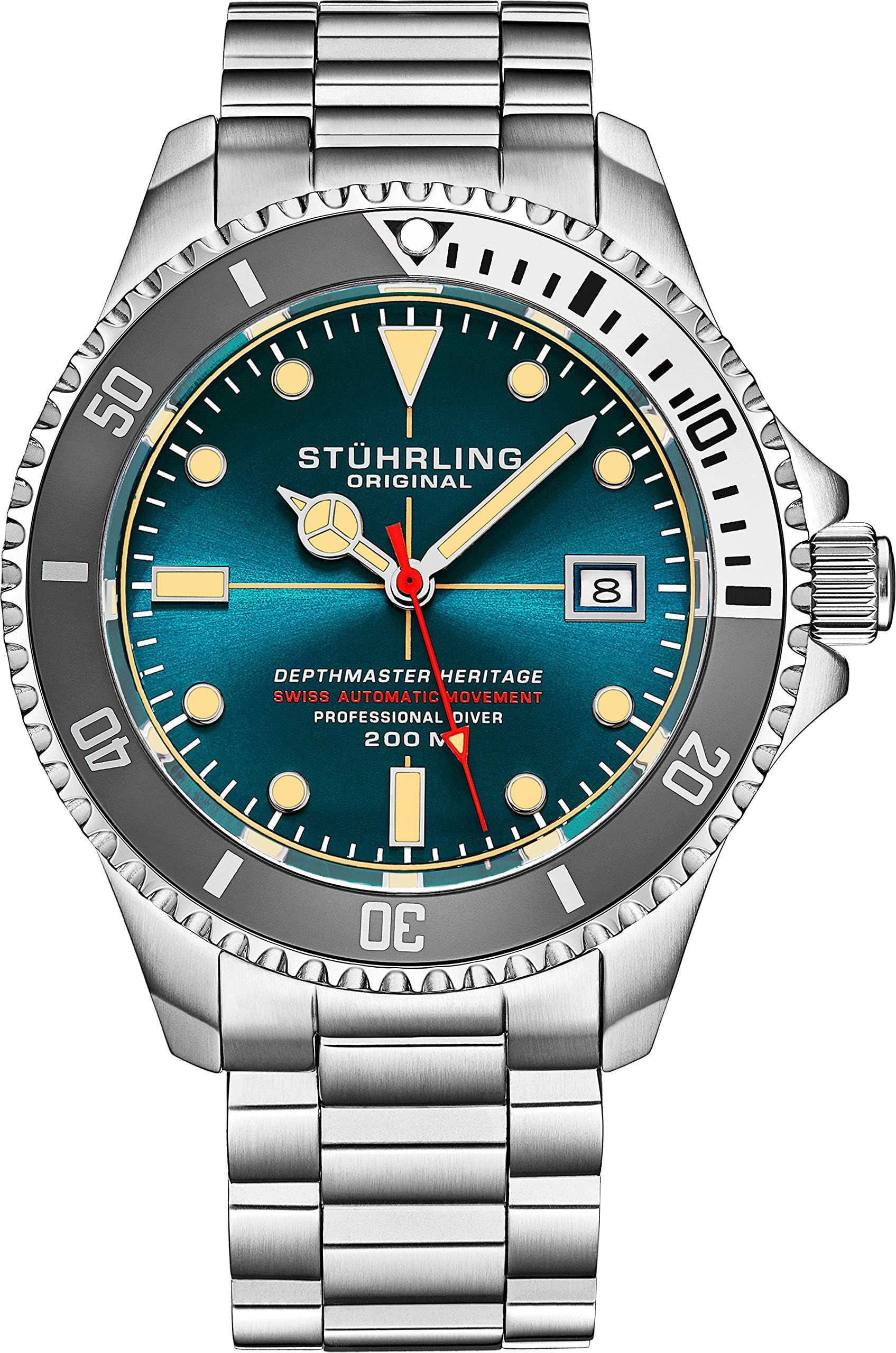 Mens Swiss Automatic Stainless Steel Professional"DEPTHMASTER" Dive Watch, 200 Meters Water Resistant, Brushed and Beveled Bracelet with Divers Safety Clasp and Screw Down Crown