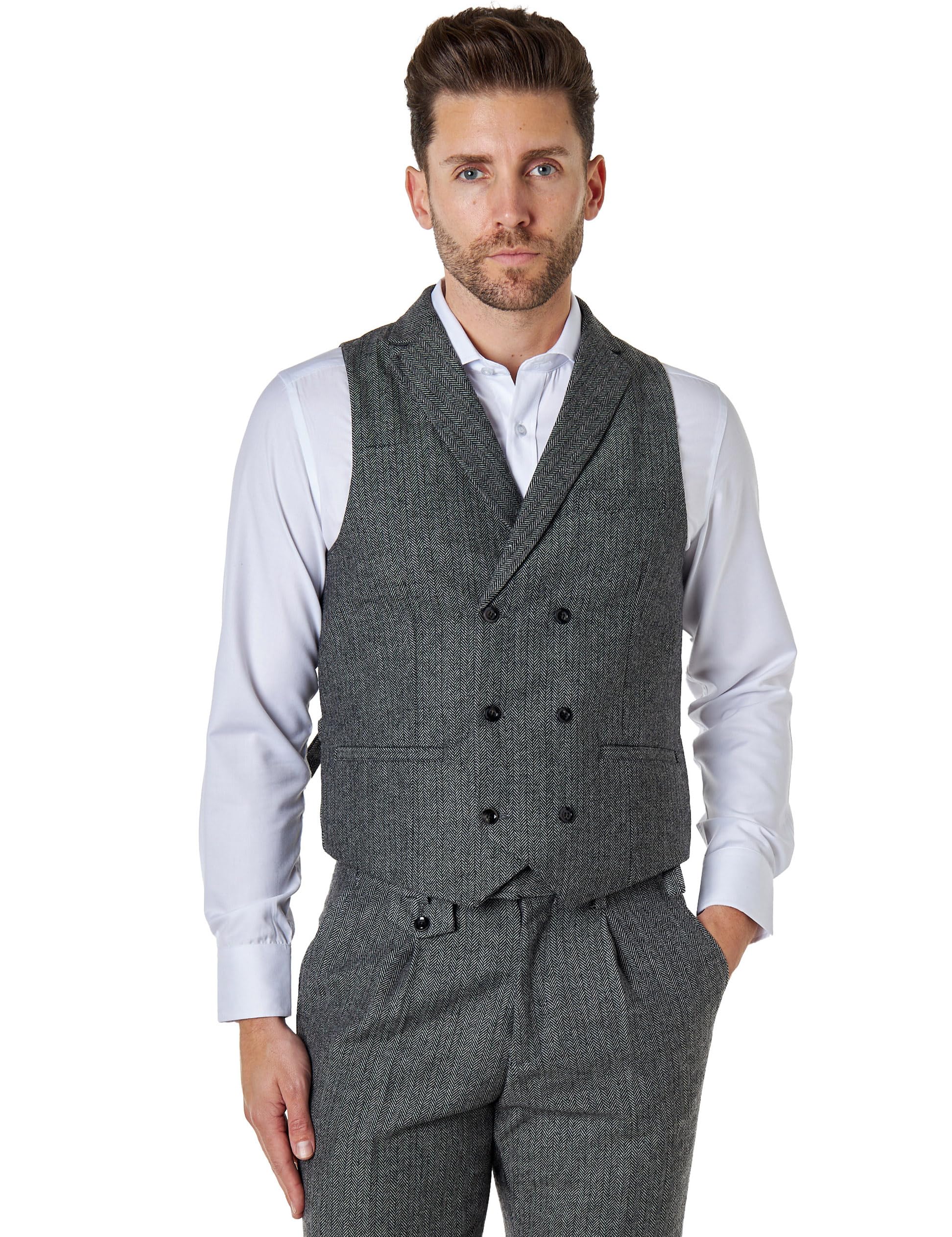 Xposed JAX Men’s Herringbone Double Breasted Collar Waistcoat Tailored Fit Waistcoat Retro 1920s Vest [CWDB-JAX-GREY-38]