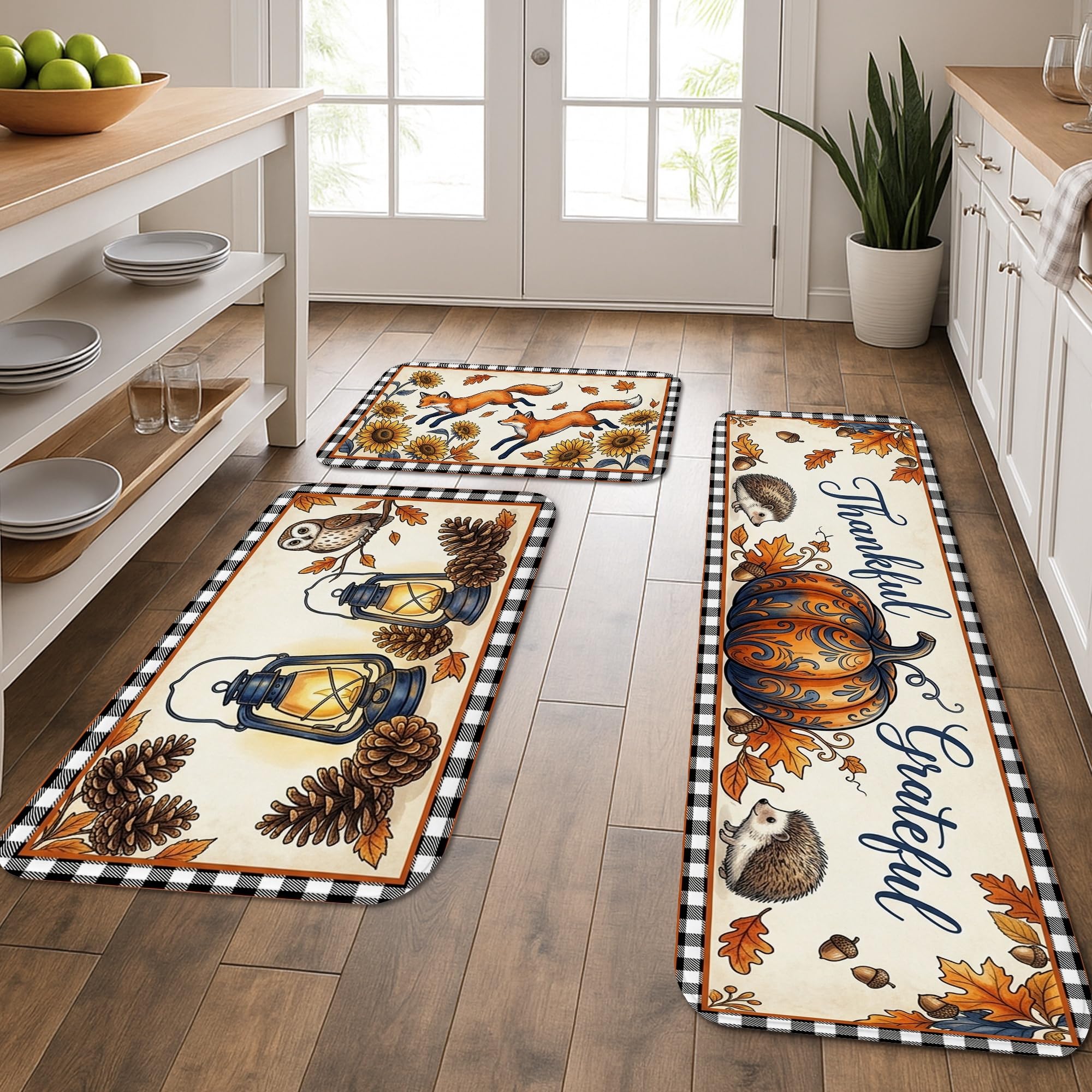 Tapis de cuisine rustiques pour évier et buanderie au motif de citrouilles orange | Lot de 3