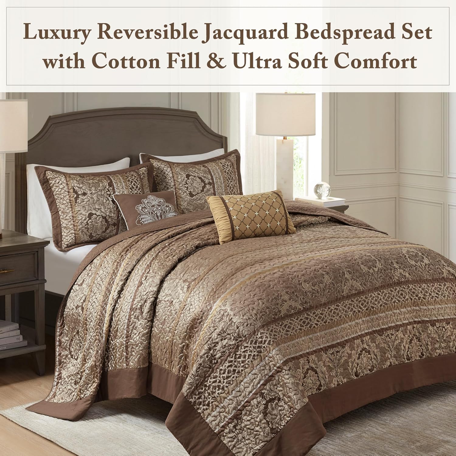Madison Park Bellagio Reversible Quilted Bedspread Set, Solid Reverse Summer Breathable, Lightweight All Season Bedding Layer, Matching Shams, Bedspread King(120"x118"), Brown 5 Piece - Image 2