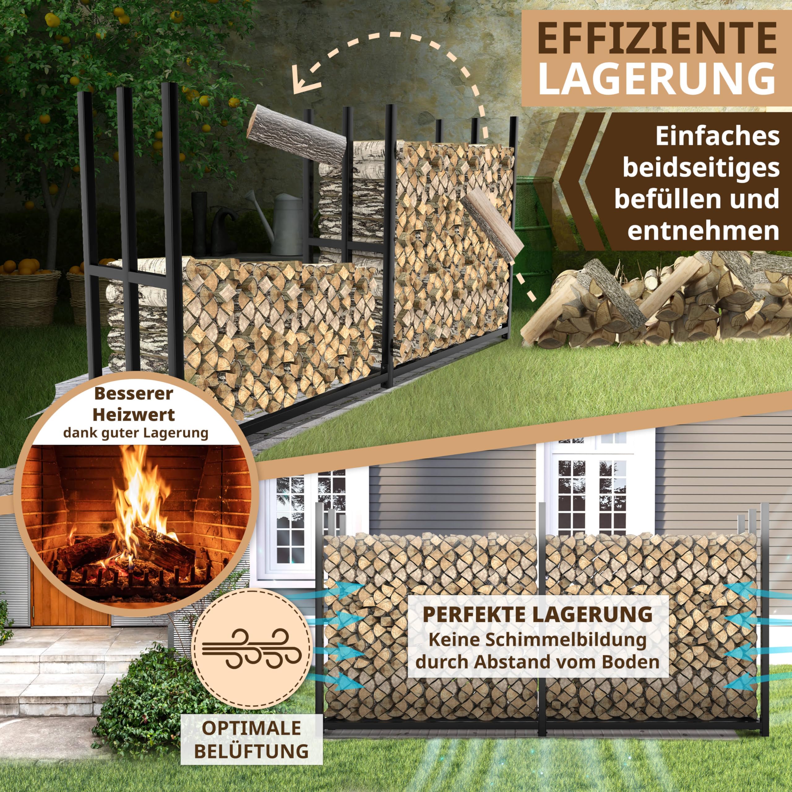 LAWA Kaminholzregal Metall verzinkt 223x50x115 cm schwarz | aussen, 61cm Abdeckplane, wetterfest, Feuerholzregal Garten, Stapelhilfe für Brennholz mit Abdeckung, 25cm I 30cm Holzscheite