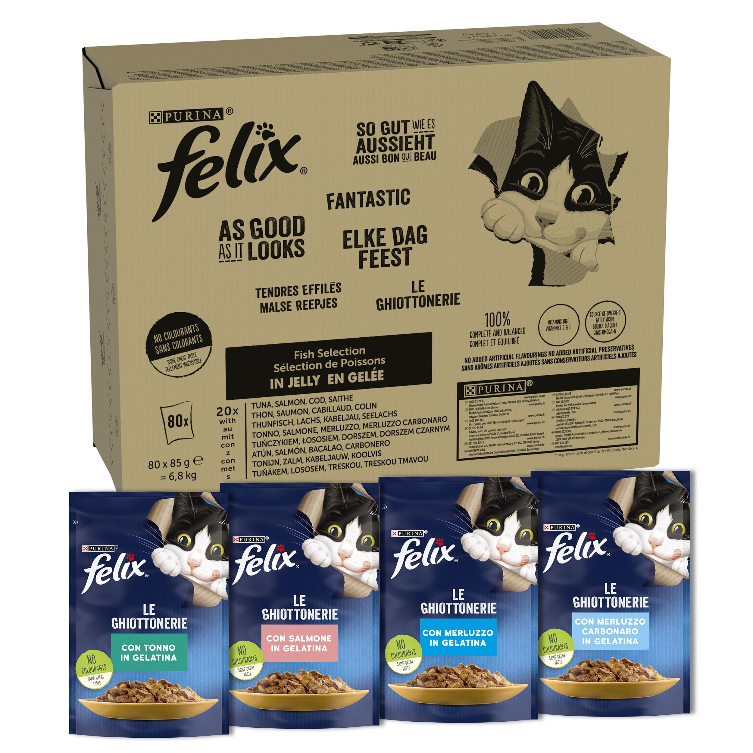 FELIX Le Ghiottonerie - Cibo Umido Gatto Adulto, Bocconcini in Gelatina con Tonno, Salmone, Merluzzo, Merluzzo Carbonaro. 80 Buste da 85 g
