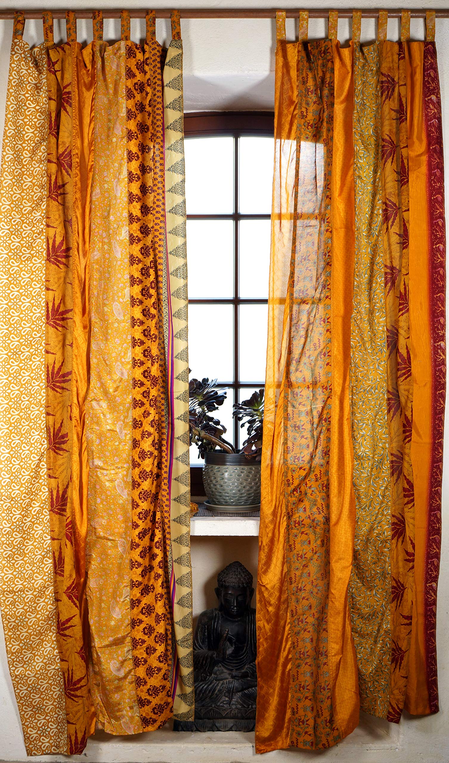 Guru-Shop Cortinas De Patchwork Boho (2 Piezas) 1 Par Cortina Bohemia De Tela De Sari, única - Amarillo/ocre, Viscosa, 240x100 Cm, Cortinas Y Cortinajes